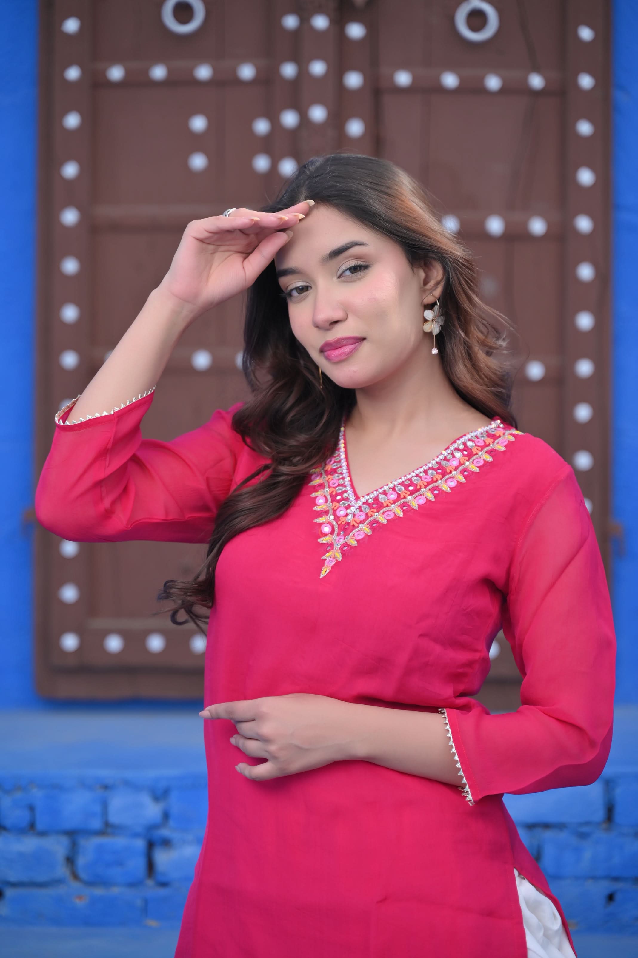 Alia Organza Rani Kurta Set in Rani pink with White Muslin Dhoti Pants | Made To Order