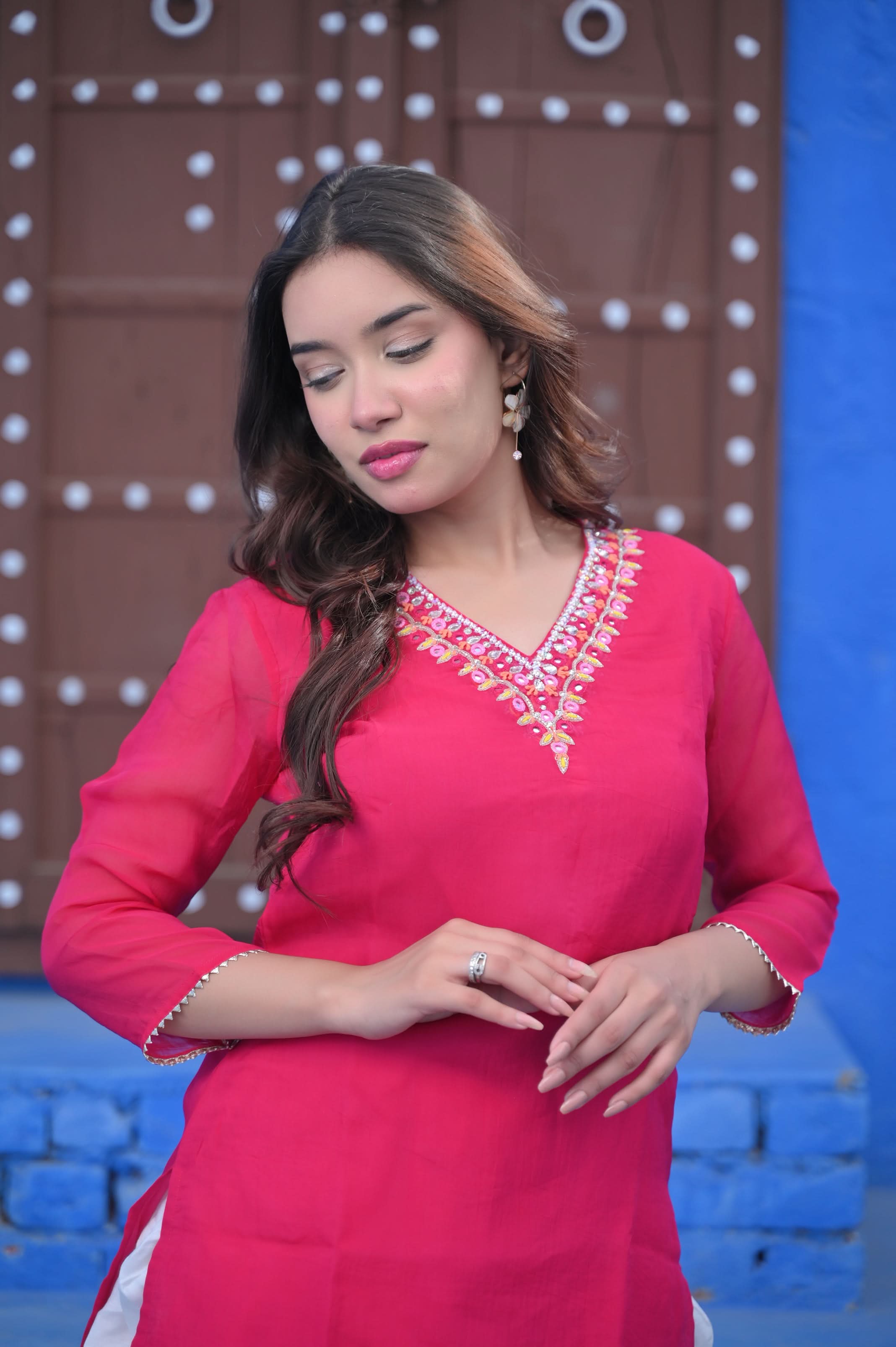 Alia Organza Rani Kurta Set in Rani pink with White Muslin Dhoti Pants | Made To Order