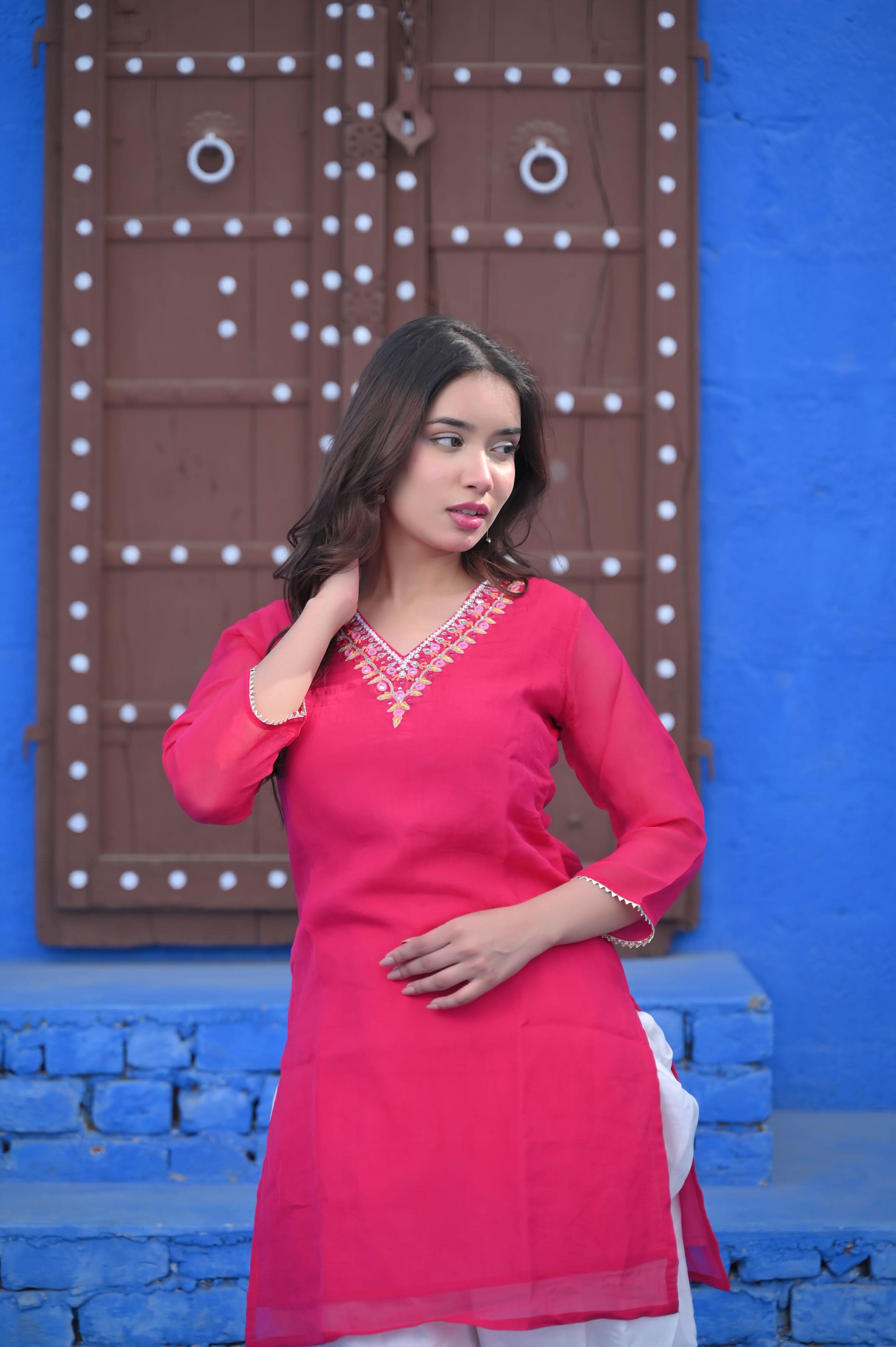 Alia Organza Rani Kurta Set in Rani pink with White Muslin Dhoti Pants | Made To Order