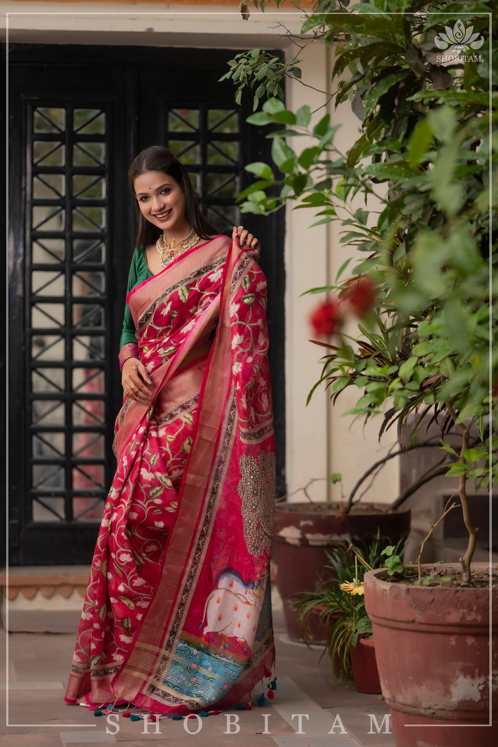 Beautiful Dark Pink Linen Saree with Pichwai Design Digital Print | Shobitam