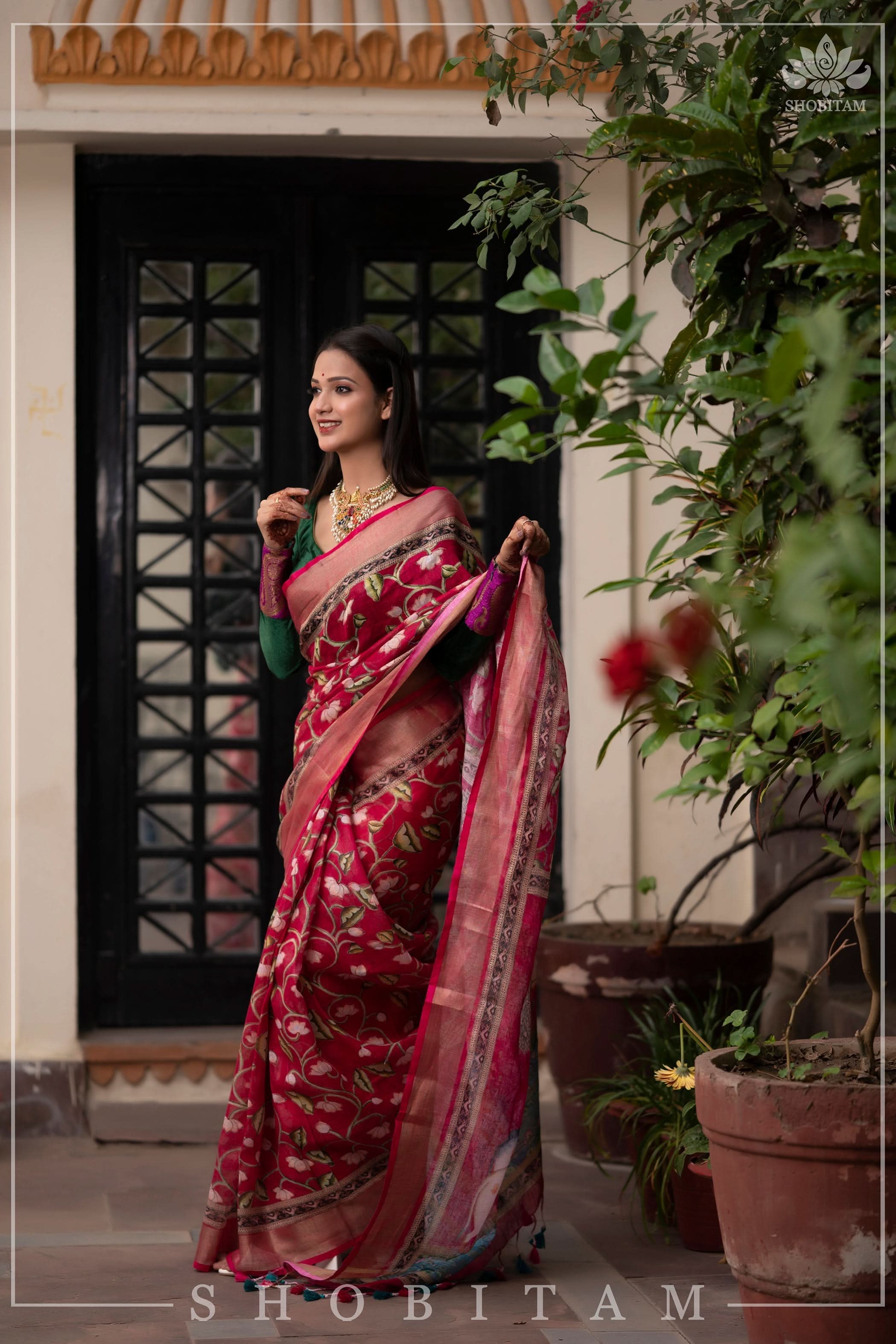 Beautiful Dark Pink Linen Saree with Pichwai Design Digital Print | Shobitam