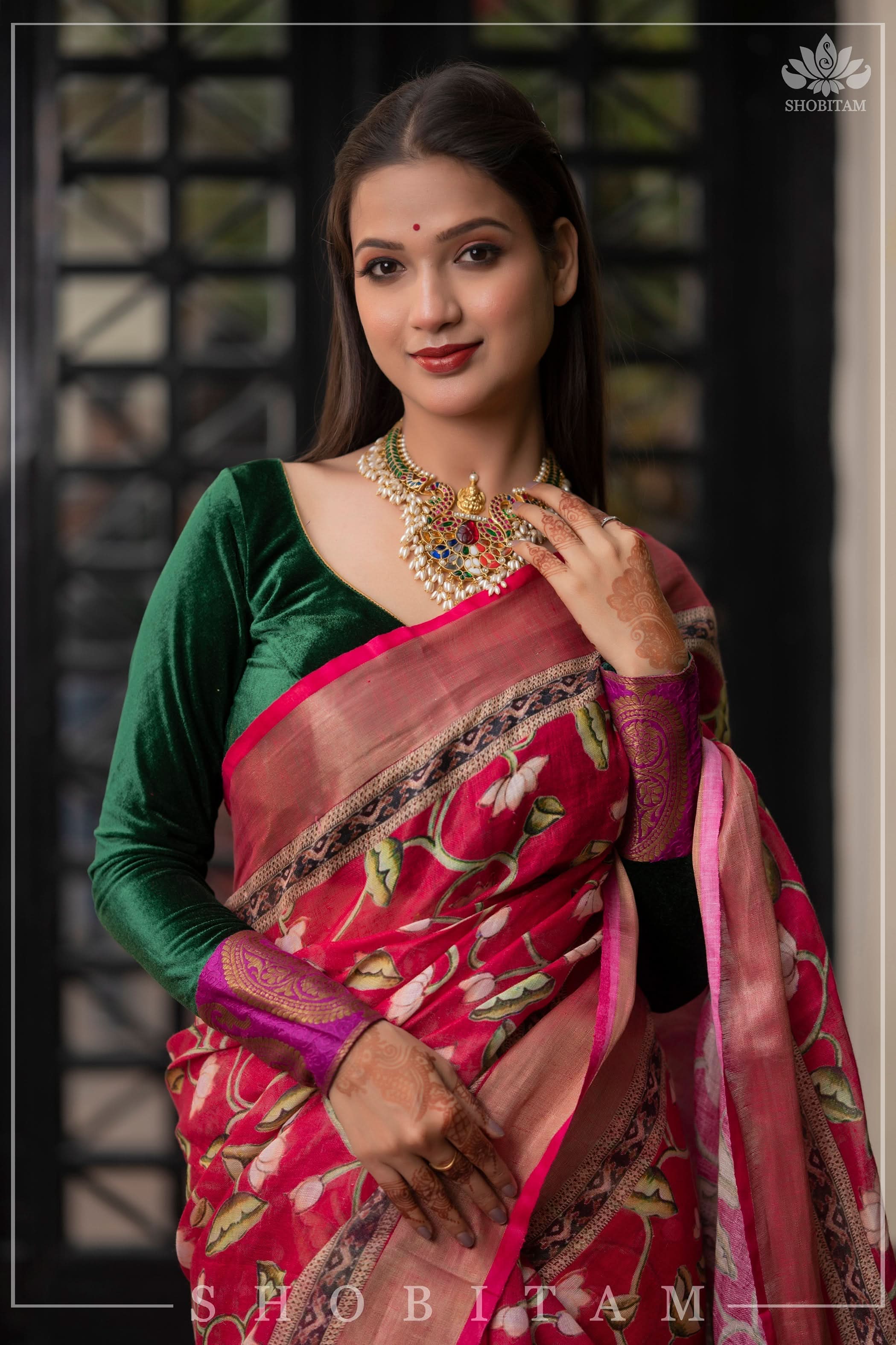 Beautiful Dark Pink Linen Saree with Pichwai Design Digital Print | Shobitam