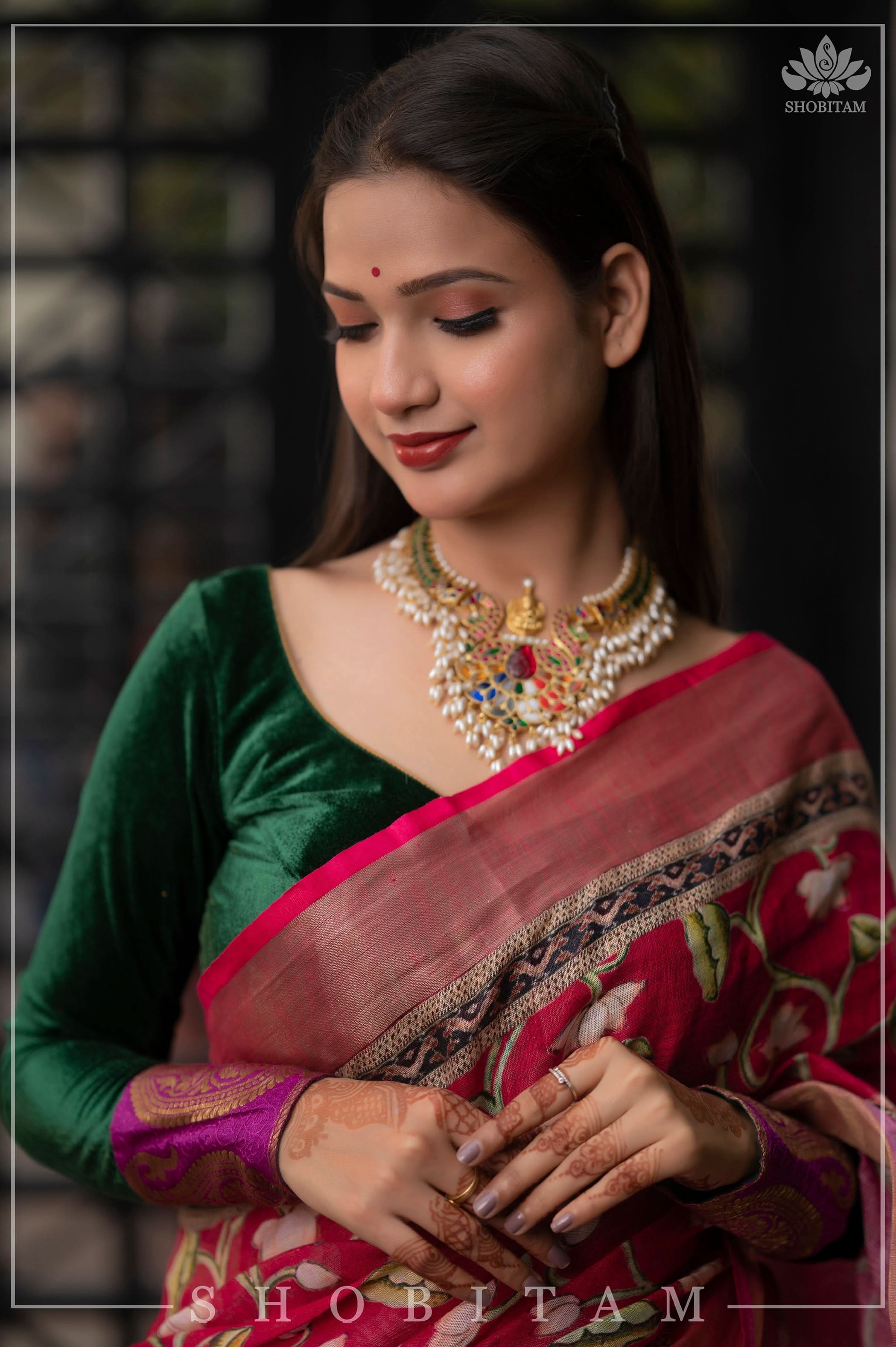 Beautiful Dark Pink Linen Saree with Pichwai Design Digital Print | Shobitam