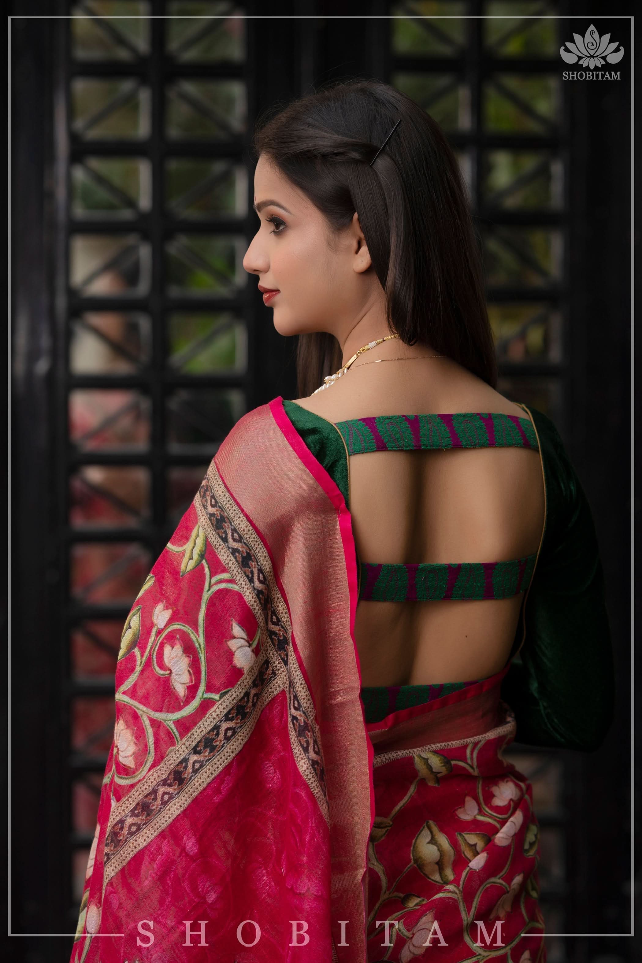 Beautiful Dark Pink Linen Saree with Pichwai Design Digital Print | Shobitam