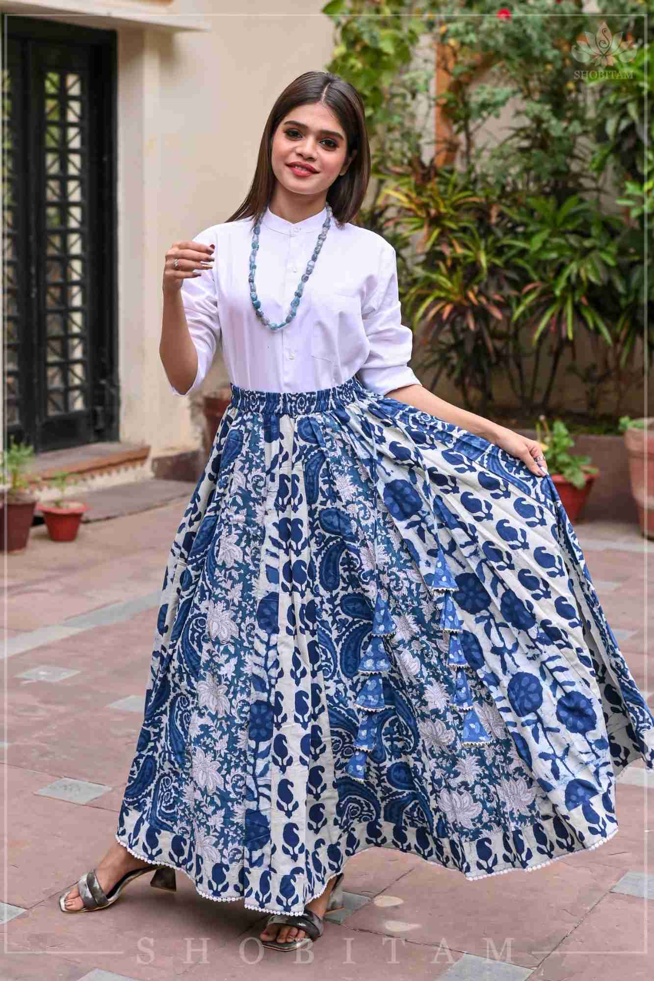 Indigo kalidaar cotton skirt | hand blockprint | Made To Order