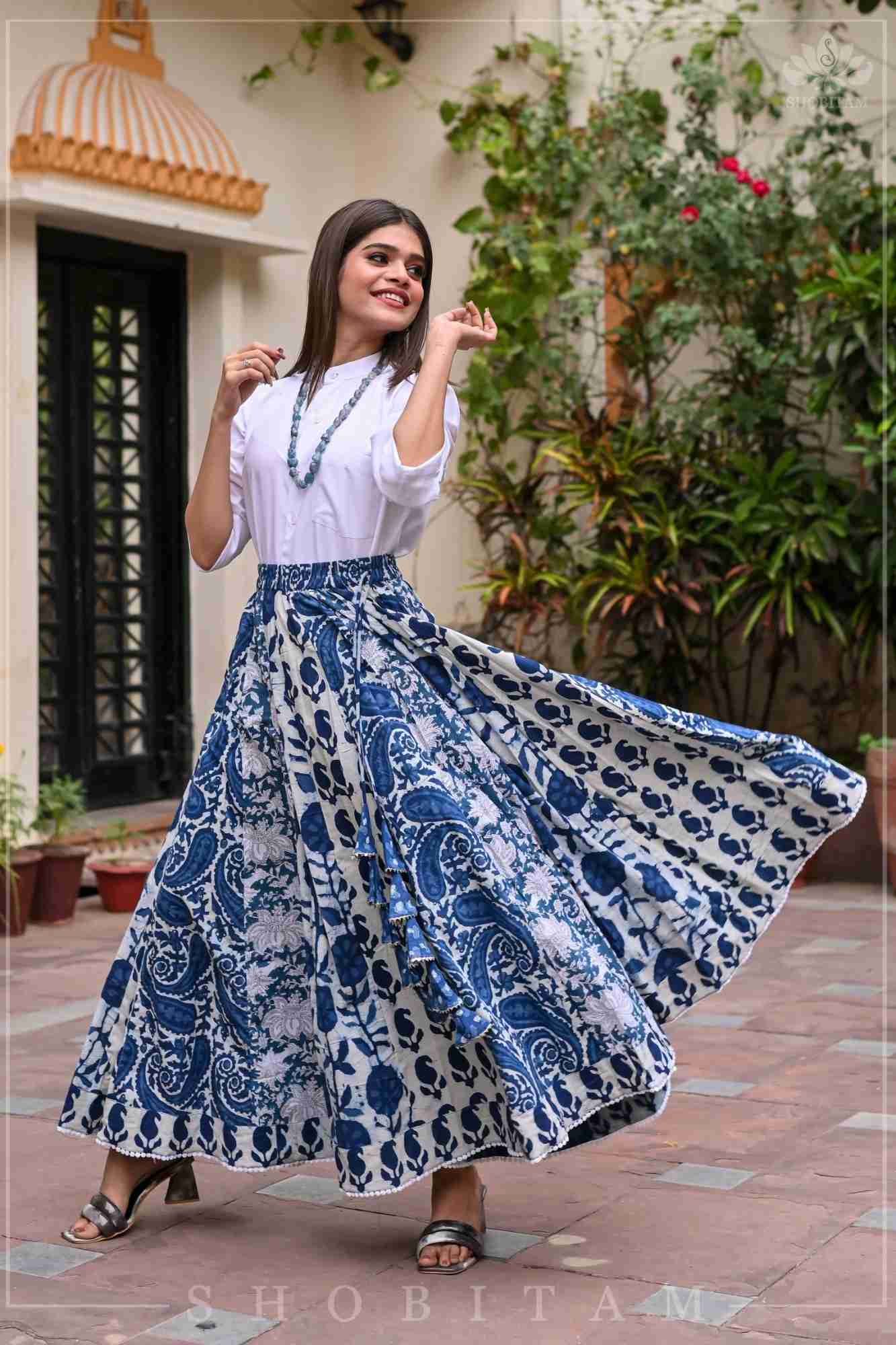Indigo kalidaar cotton skirt | hand blockprint | Made To Order