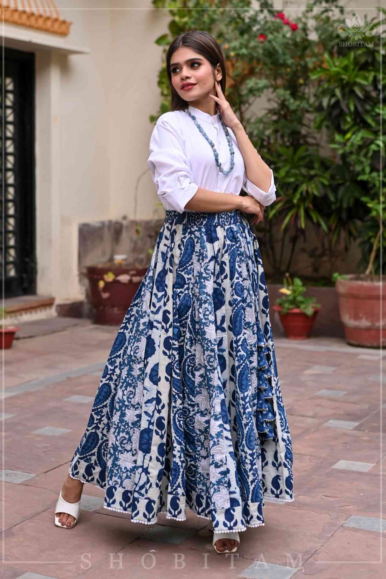 Indigo kalidaar cotton skirt | hand blockprint | Made To Order