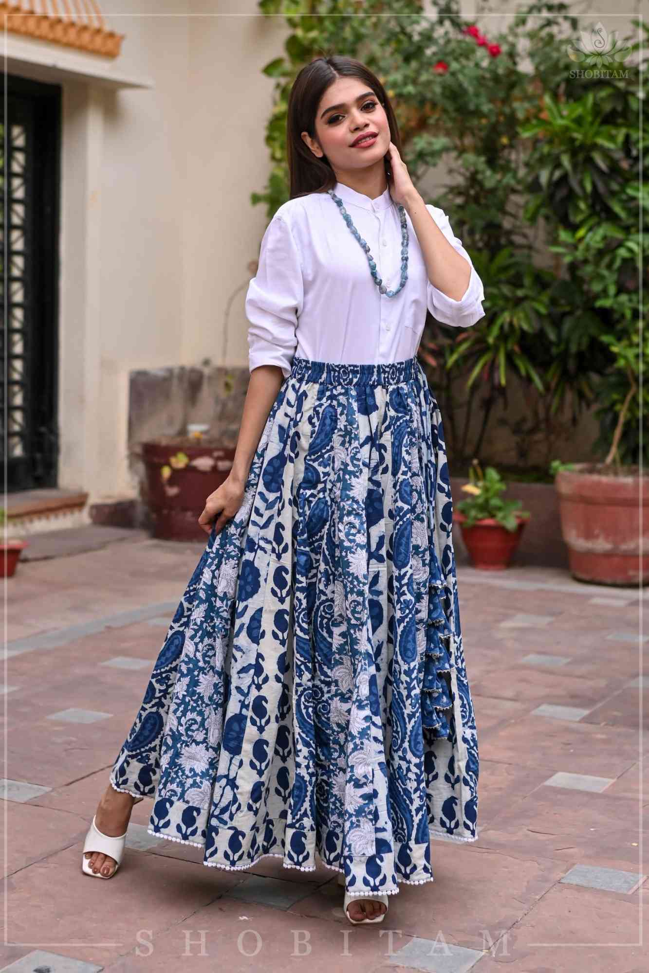 Indigo kalidaar cotton skirt | hand blockprint | Made To Order
