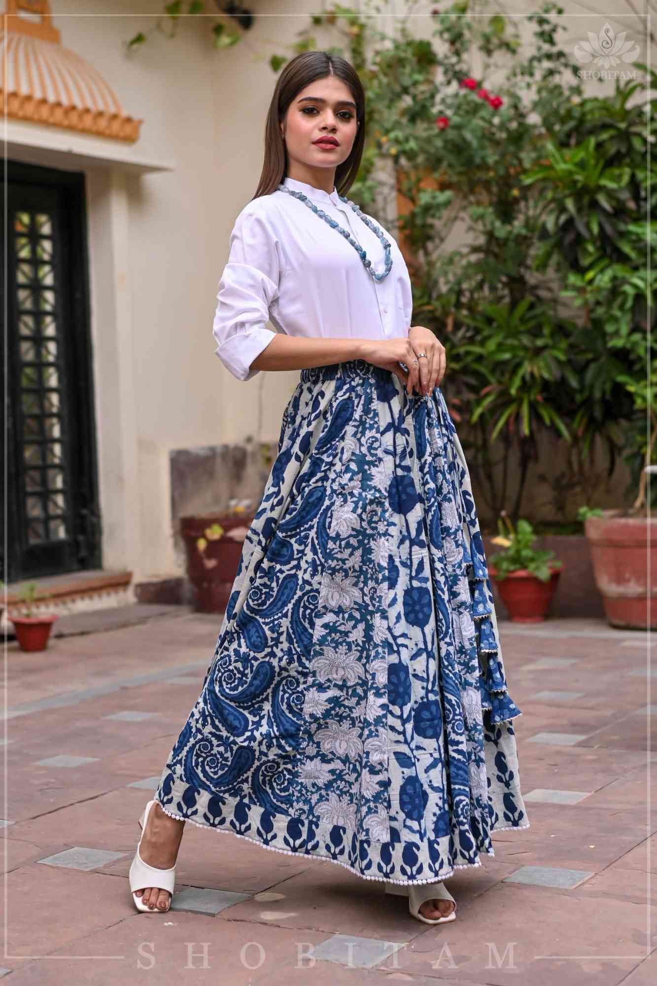 Indigo kalidaar cotton skirt | hand blockprint | Made To Order