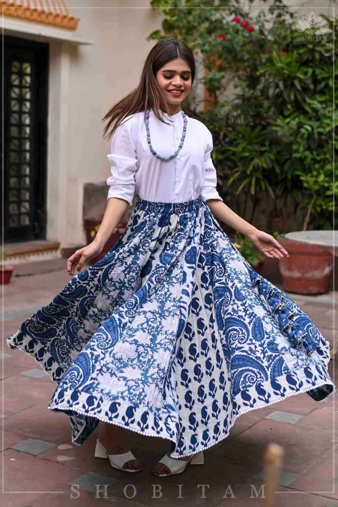 Indigo kalidaar cotton skirt | hand blockprint | Made To Order