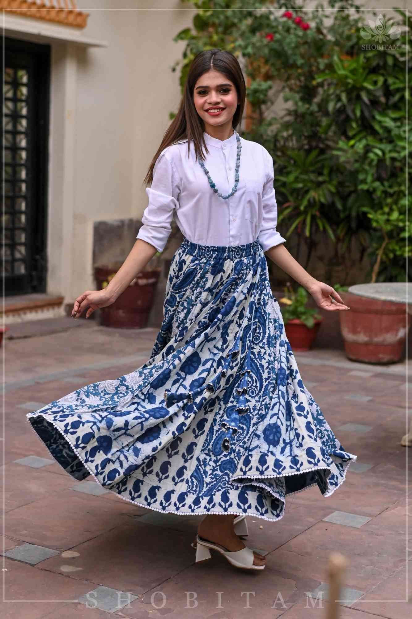Indigo kalidaar cotton skirt | hand blockprint | Made To Order