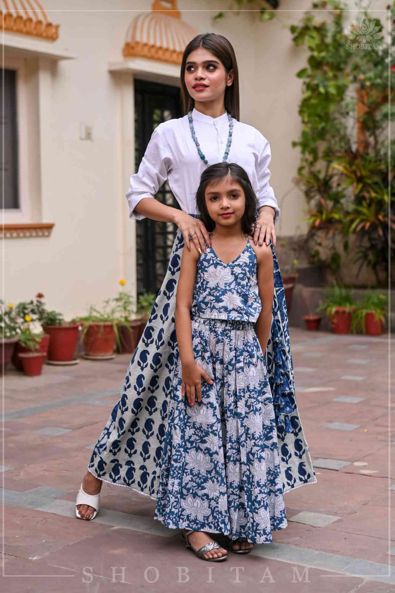 Indigo kalidaar cotton skirt | hand blockprint | Made To Order