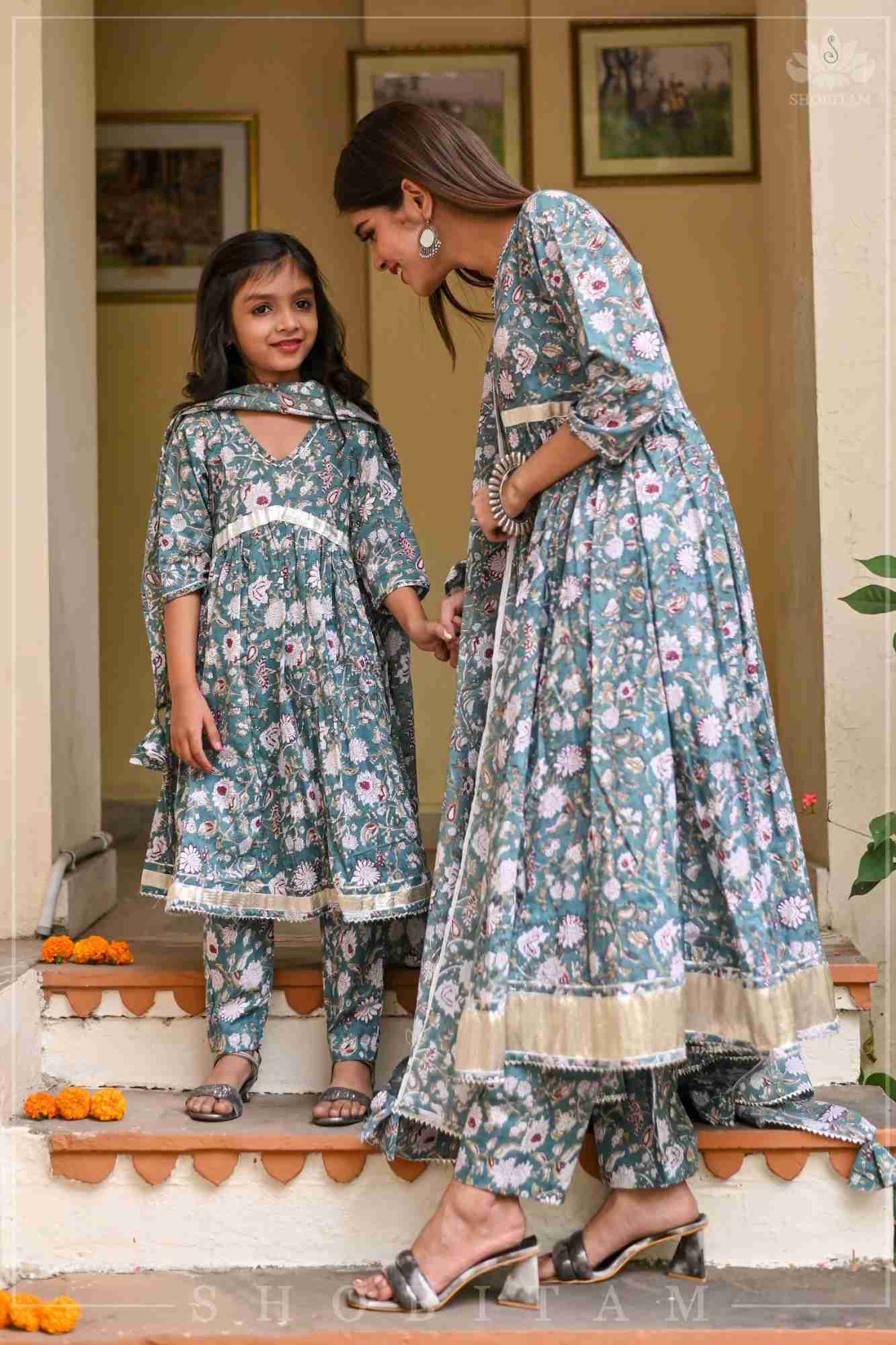 Sage Green Block Print Cotton Anarkali Set with 5 meter flair | Made To Order