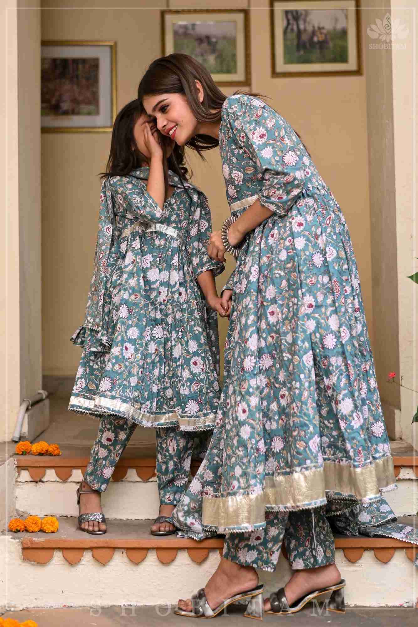 Sage Green Block Print Cotton Anarkali Set with 5 meter flair | Made To Order