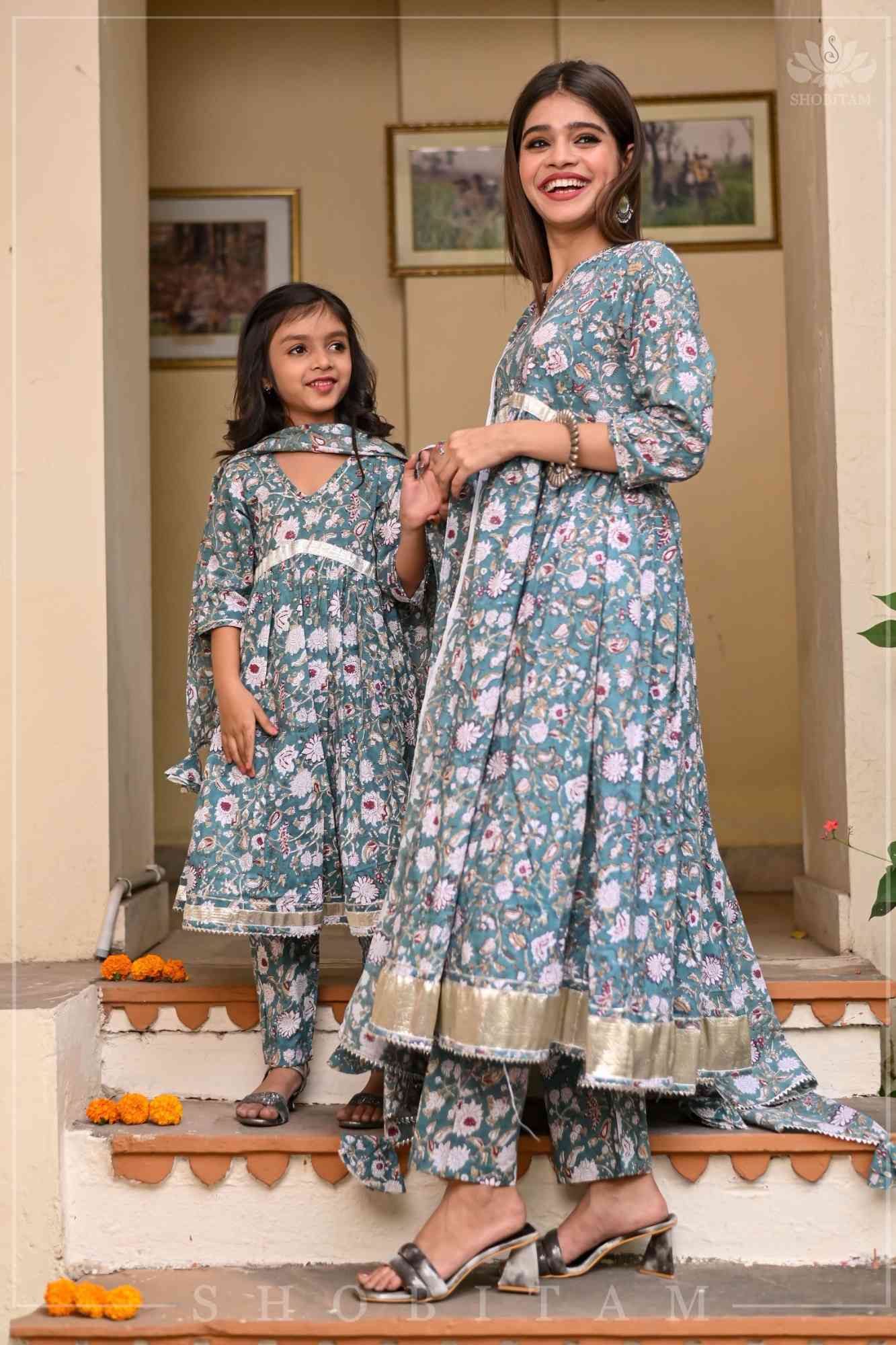 Sage Green Block Print Cotton Anarkali Set with 5 meter flair | Made To Order