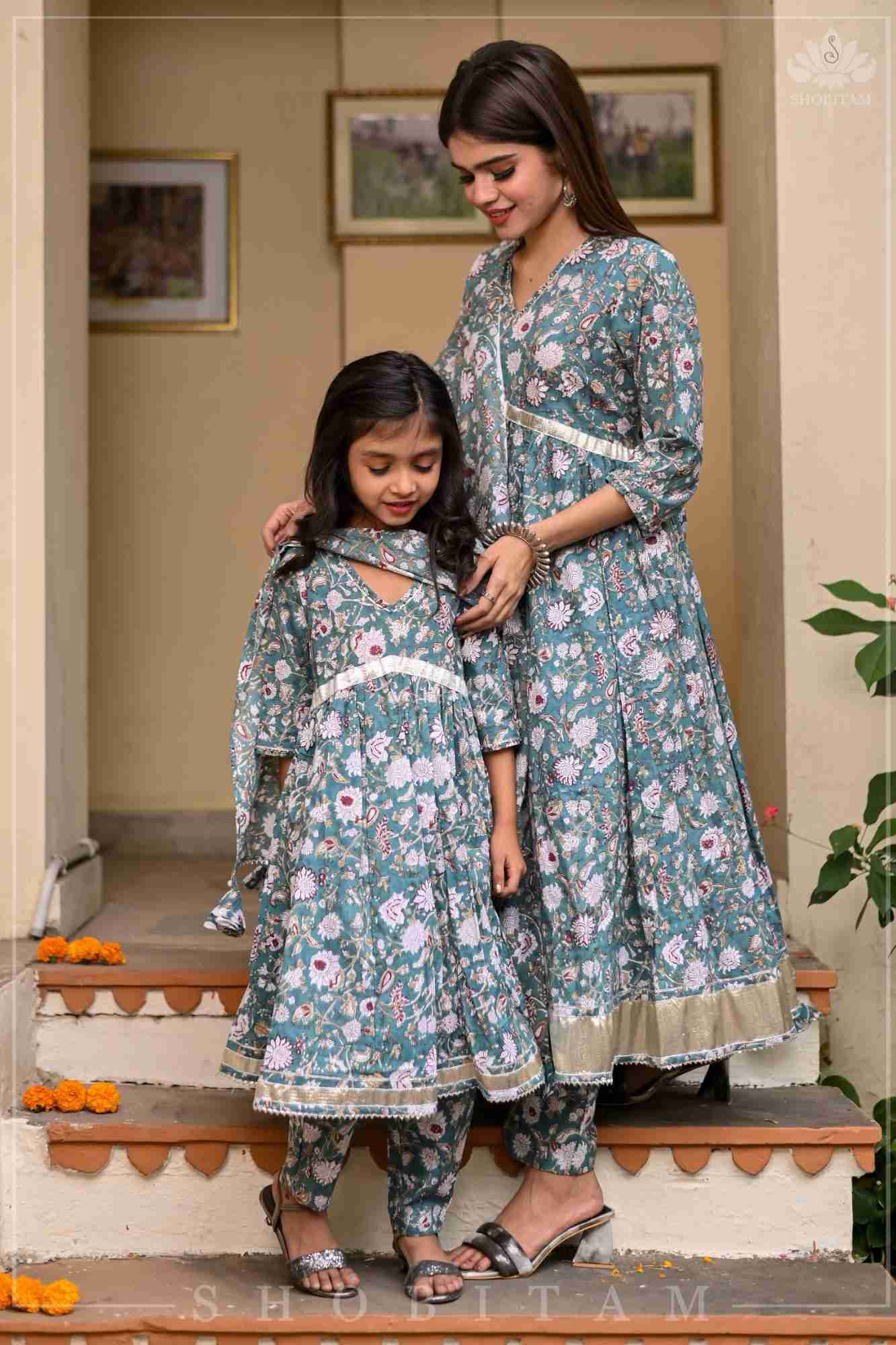 Sage Green Block Print Cotton Anarkali Set with 5 meter flair | Made To Order