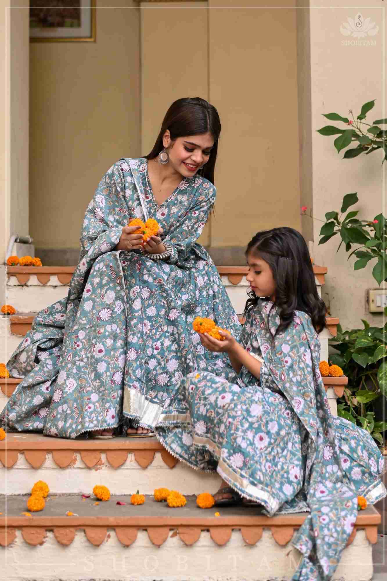 Sage Green Block Print Cotton Anarkali Set with 5 meter flair | Made To Order