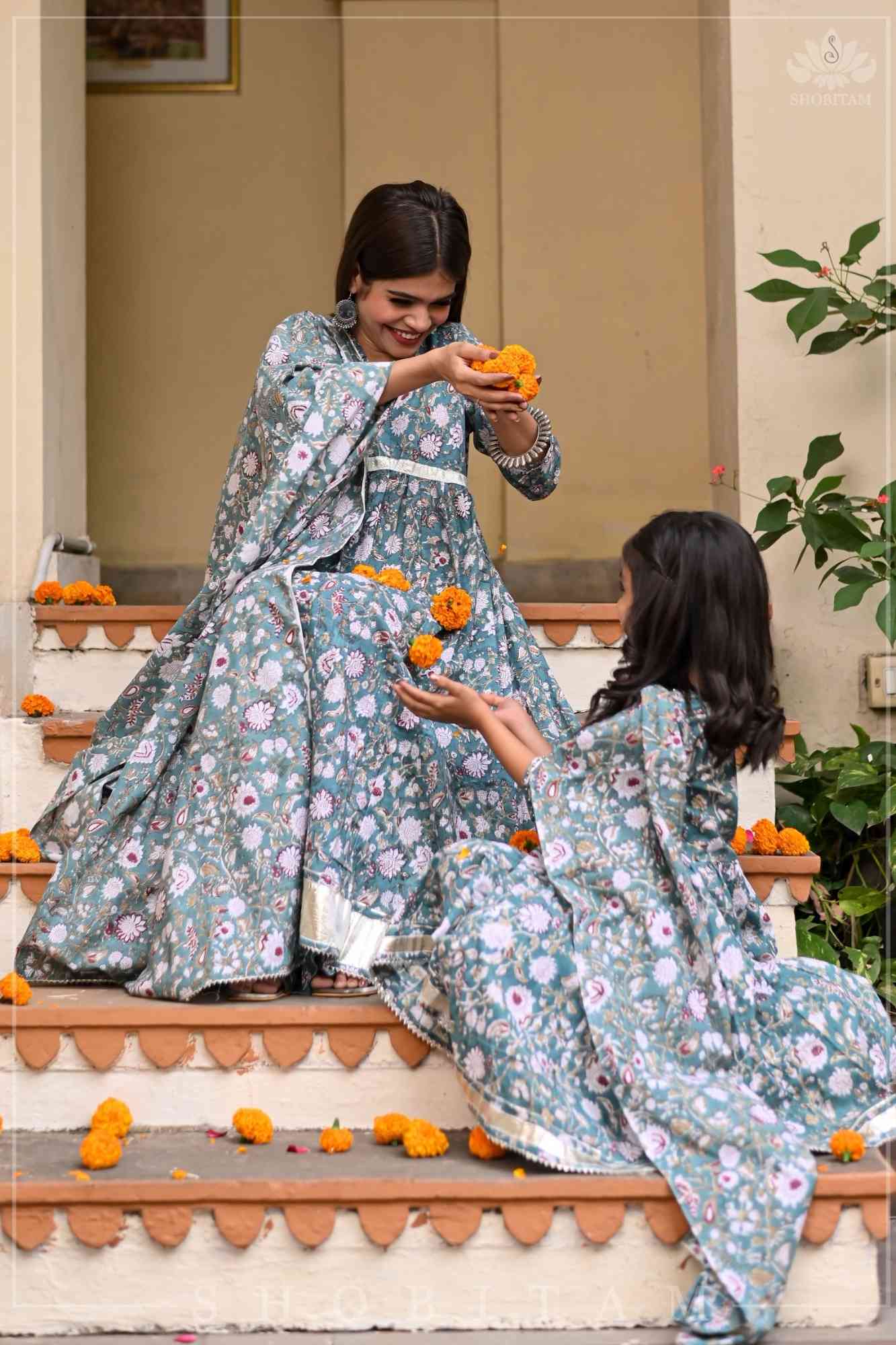 Sage Green Block Print Cotton Anarkali Set with 5 meter flair | Made To Order