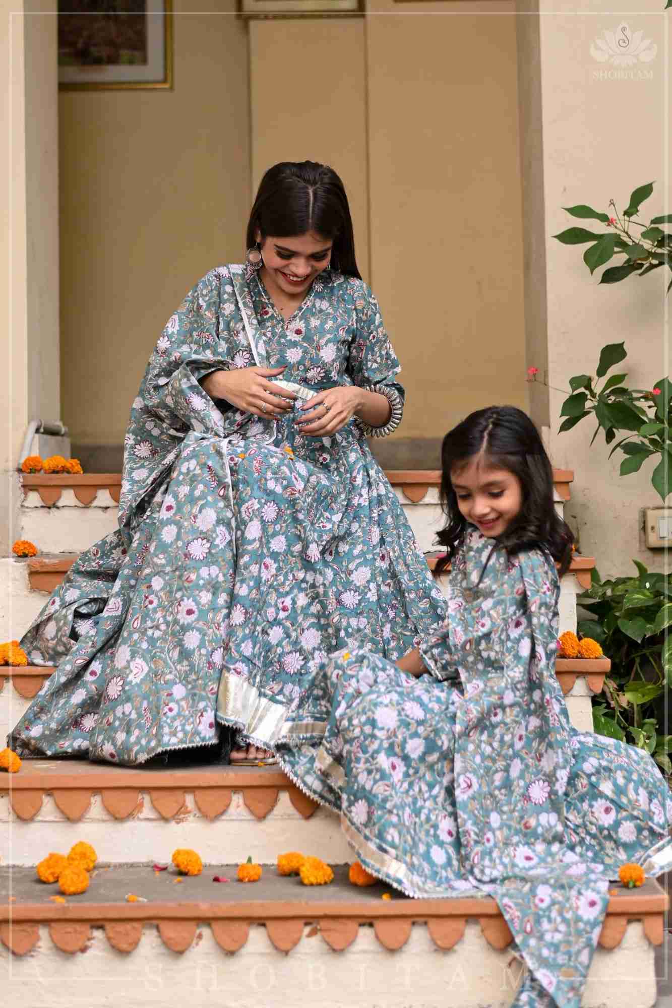 Sage Green Block Print Cotton Anarkali Set with 5 meter flair | Made To Order