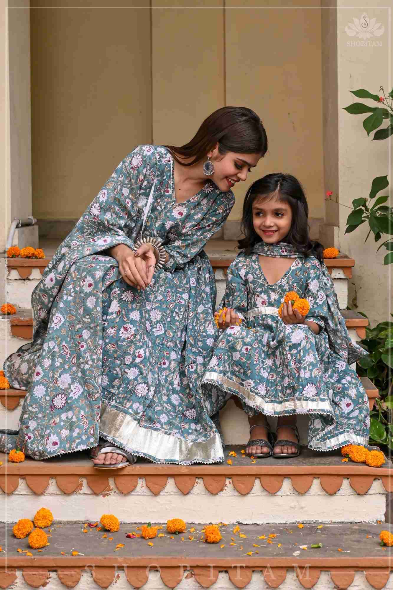 Sage Green Block Print Cotton Anarkali Set with 5 meter flair | Made To Order