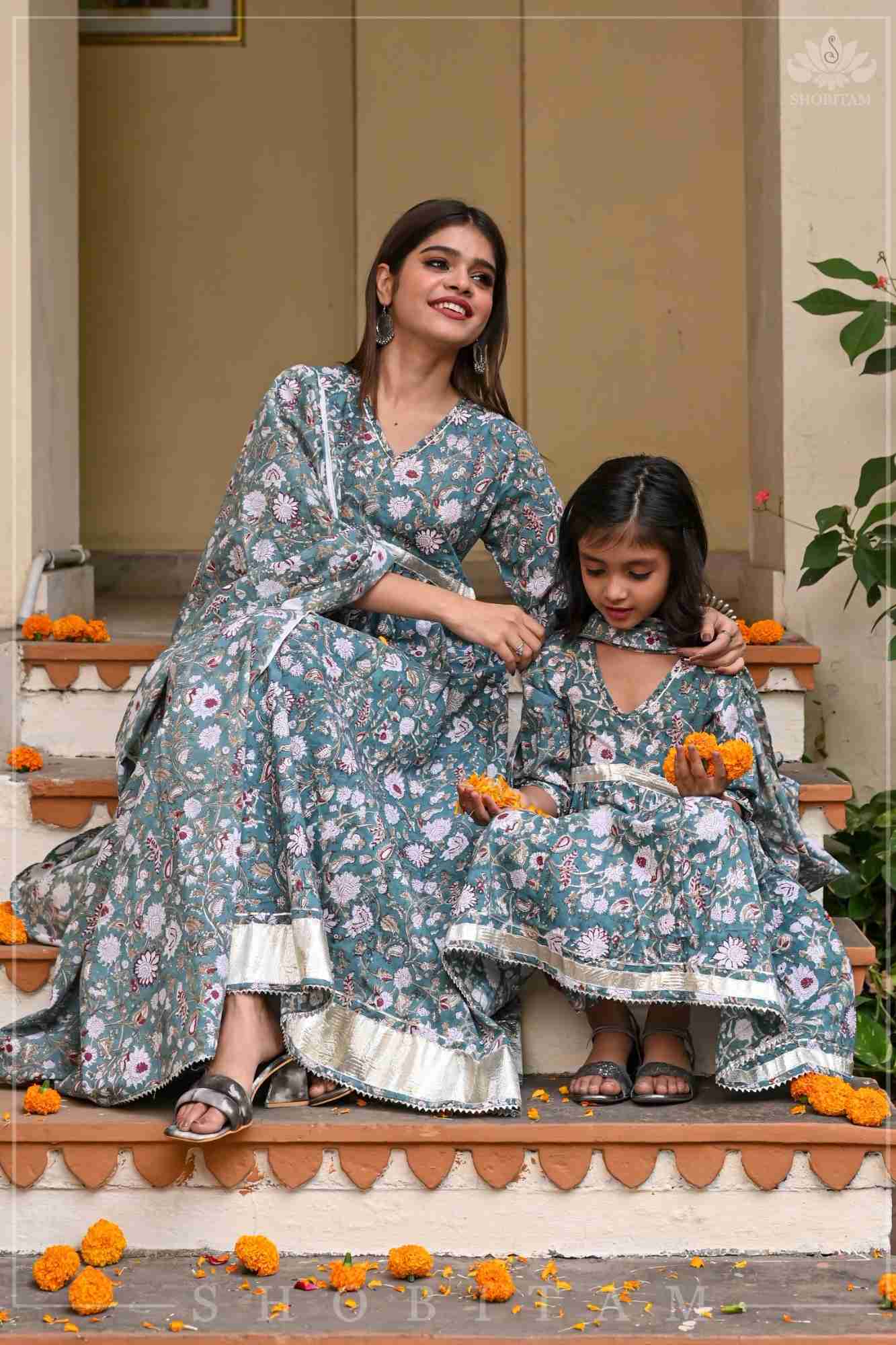 Sage Green Block Print Cotton Anarkali Set with 5 meter flair | Made To Order