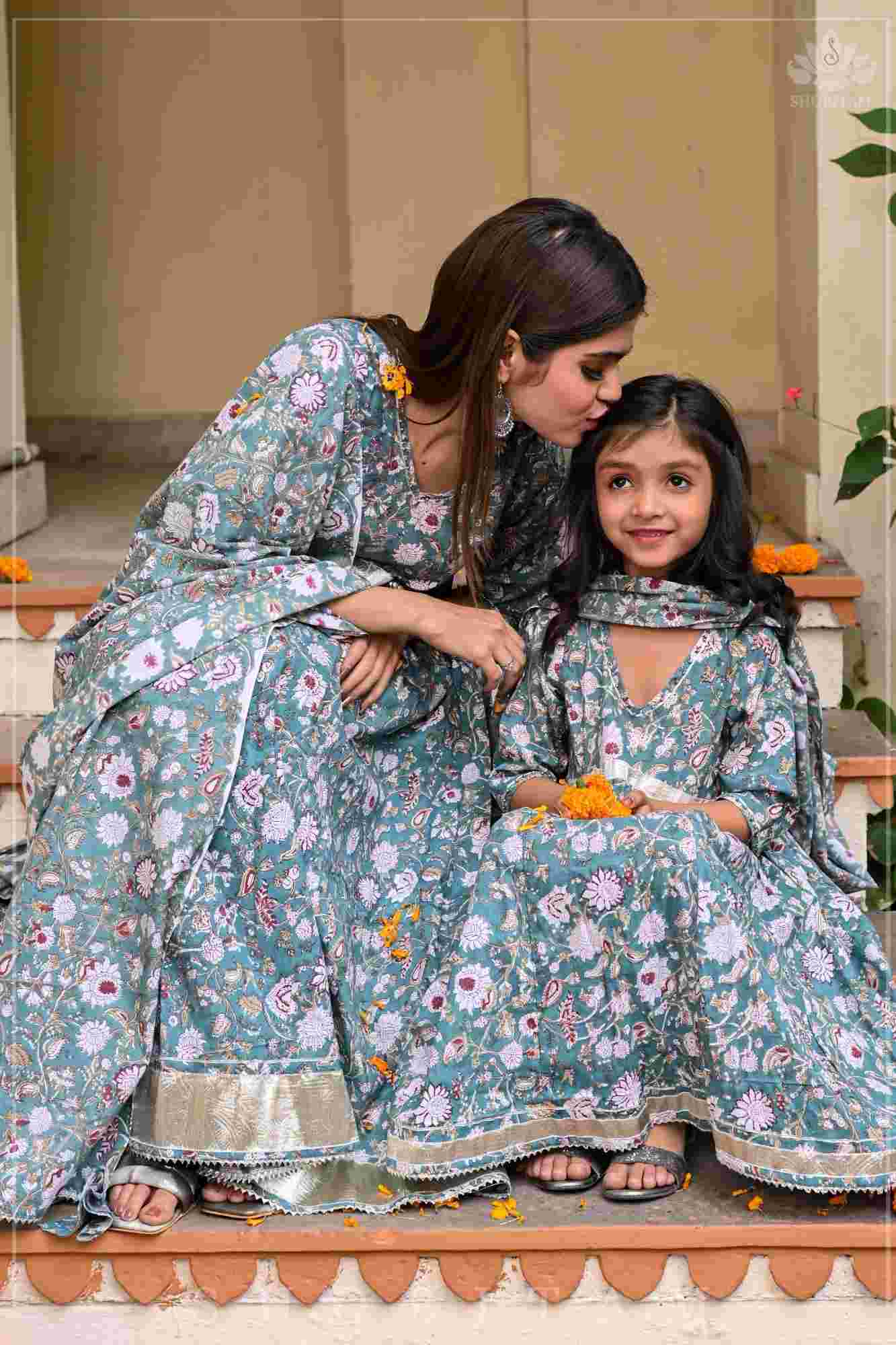 Sage Green Block Print Cotton Anarkali Set with 5 meter flair | Made To Order