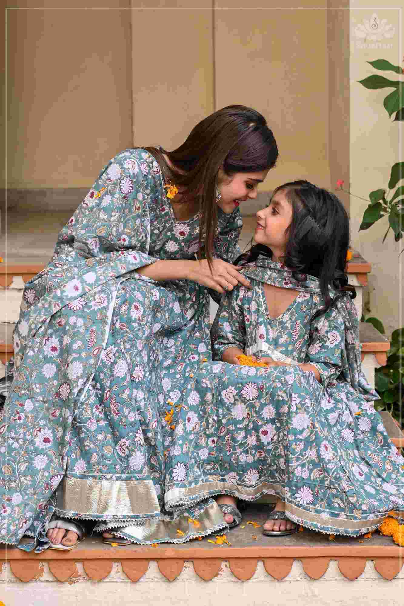 Sage Green Block Print Cotton Anarkali Set with 5 meter flair | Made To Order