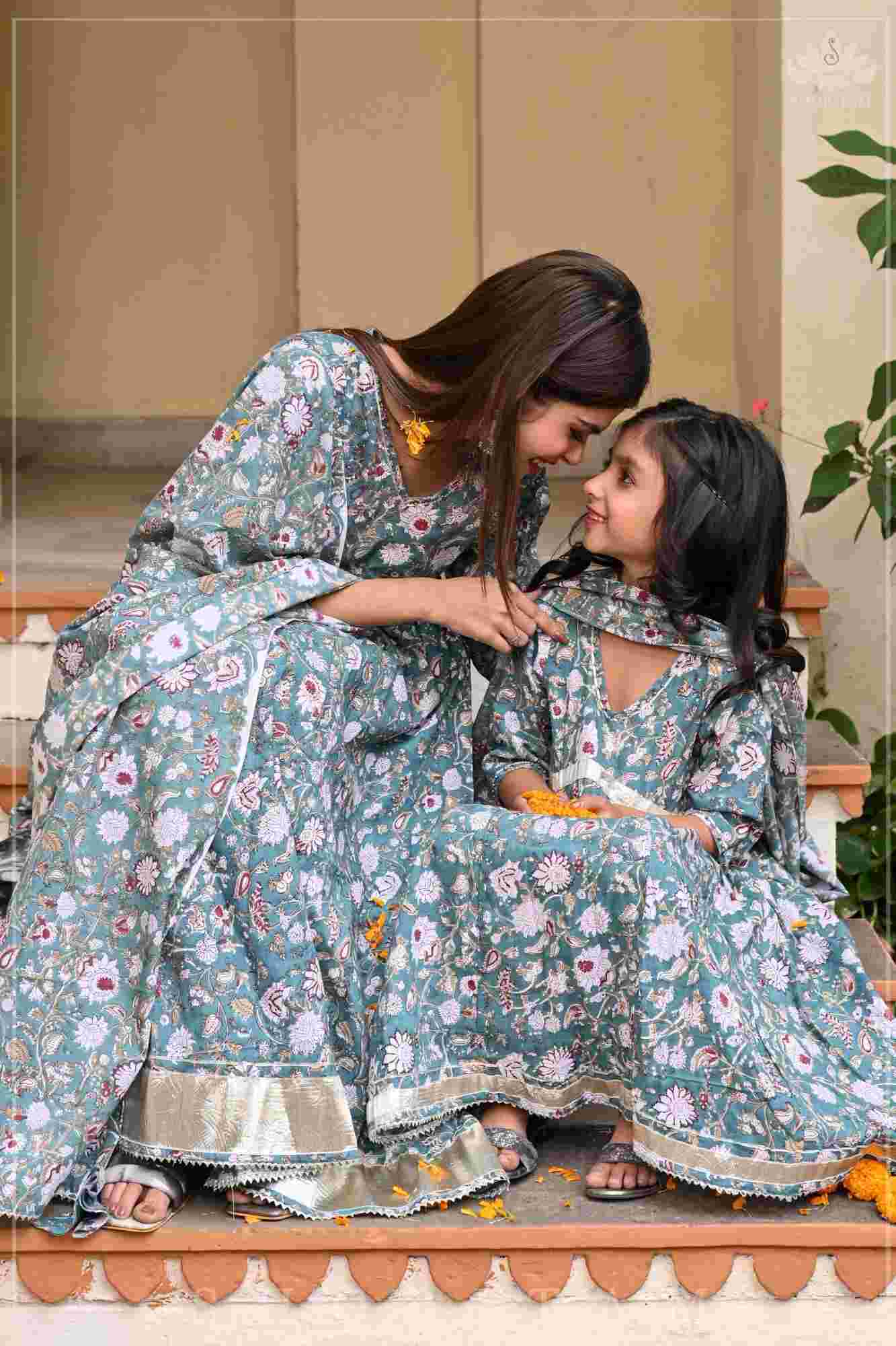 Sage Green Block Print Cotton Anarkali Set with 5 meter flair | Made To Order