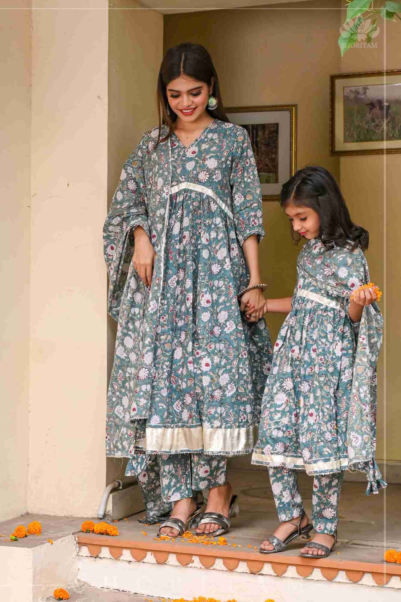 Sage Green Block Print Cotton Anarkali Set with 5 meter flair | Made To Order
