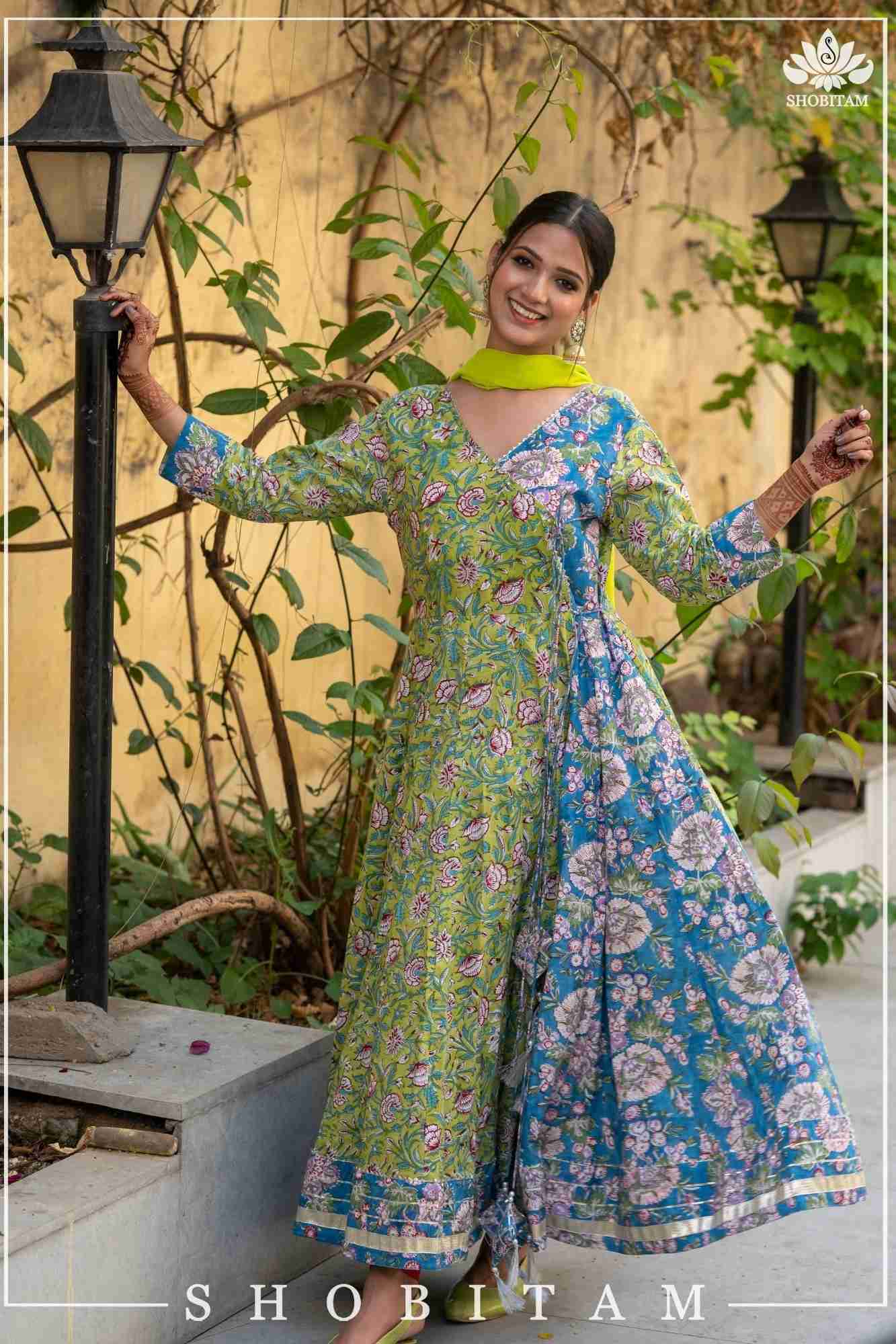 6 Meter Flare Lime Green and Ferozi Angrakha Anarkali | Made To Order