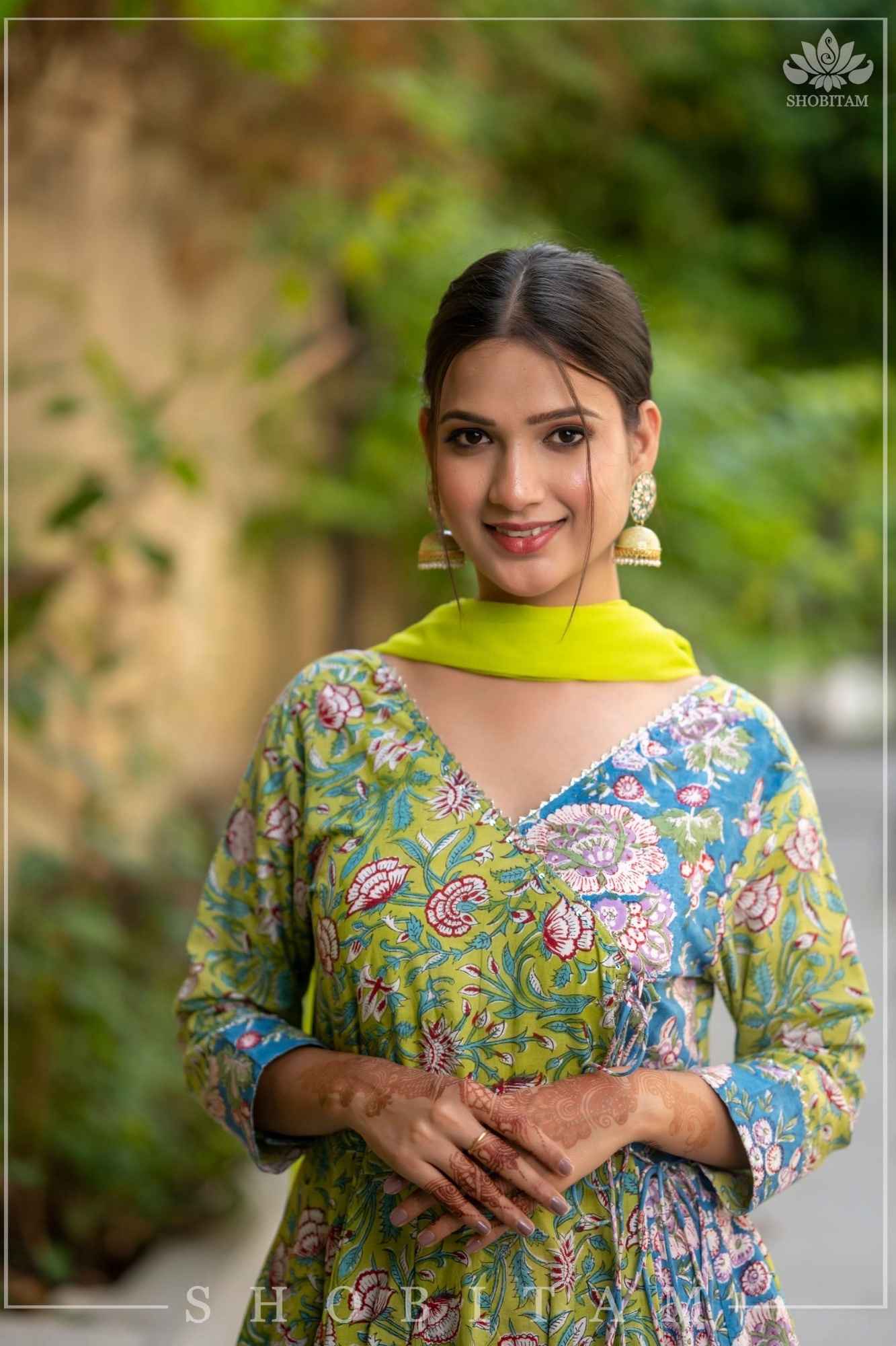 6 Meter Flare Lime Green and Ferozi Angrakha Anarkali | Made To Order