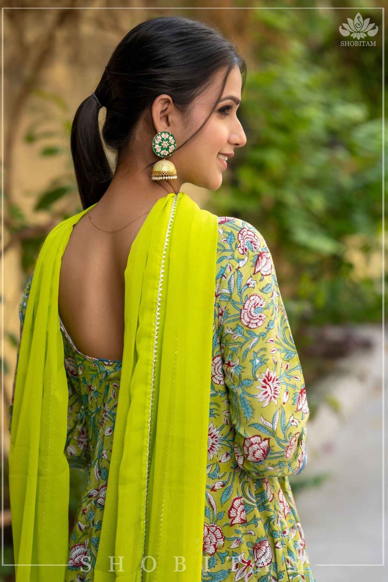 6 Meter Flare Lime Green and Ferozi Angrakha Anarkali | Made To Order