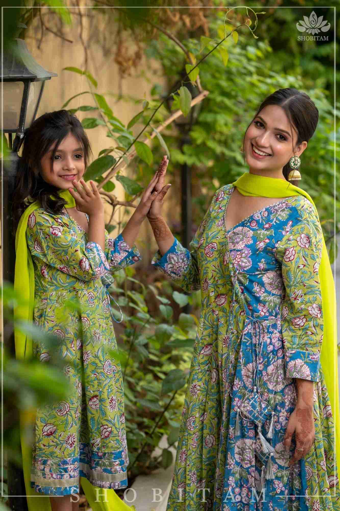 6 Meter Flare Lime Green and Ferozi Angrakha Anarkali | Made To Order