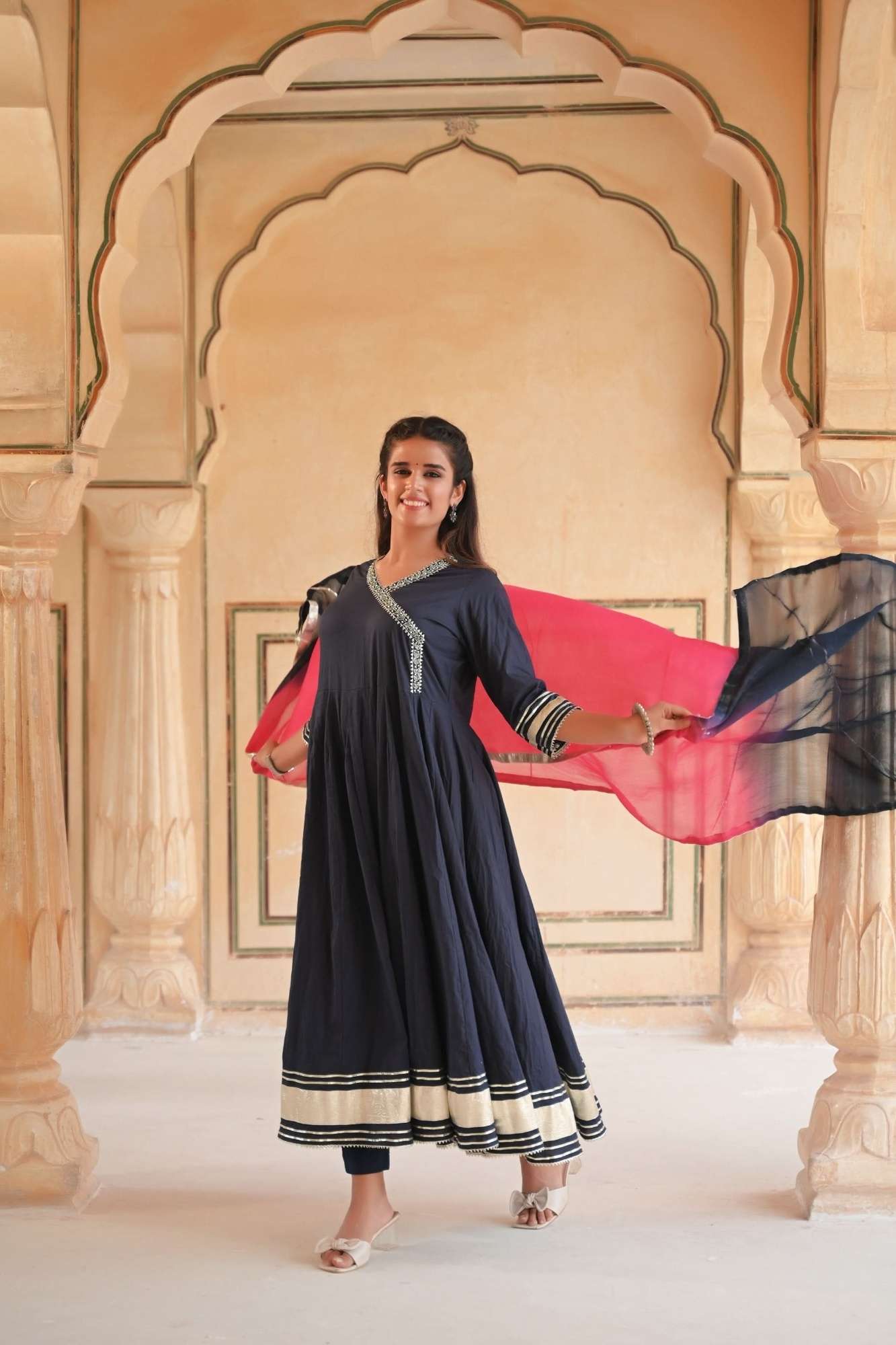 Midnight Navy Gotapatti Anarkali 3 piece Suit, Made to Order