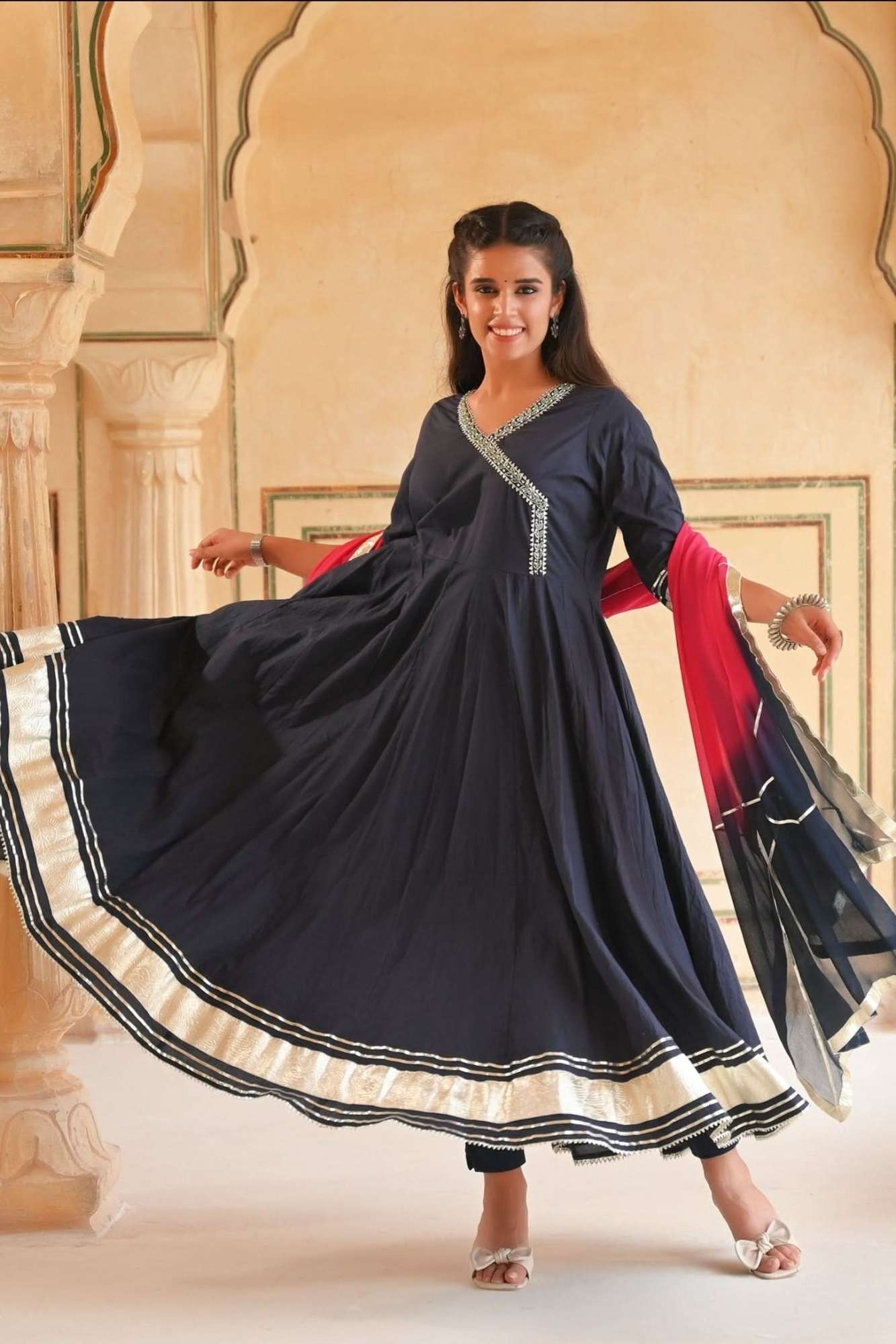 Midnight Navy Gotapatti Anarkali 3 piece Suit, Made to Order