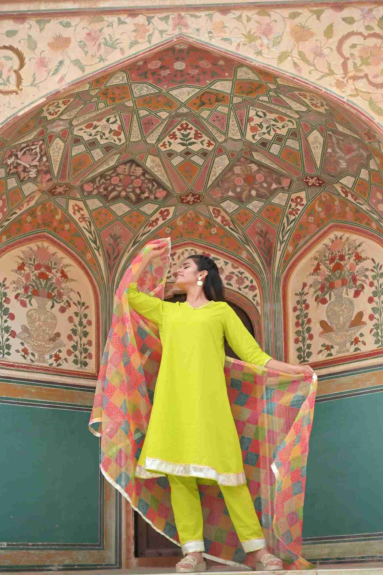 French Lime Kurta with Bandhani Print multicolor Dupatta