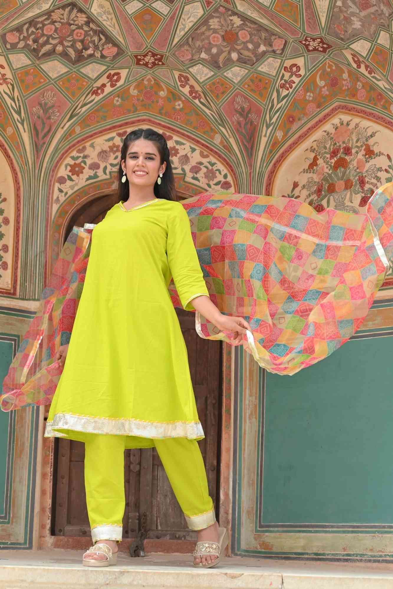 French Lime Kurta with Bandhani Print multicolor Dupatta