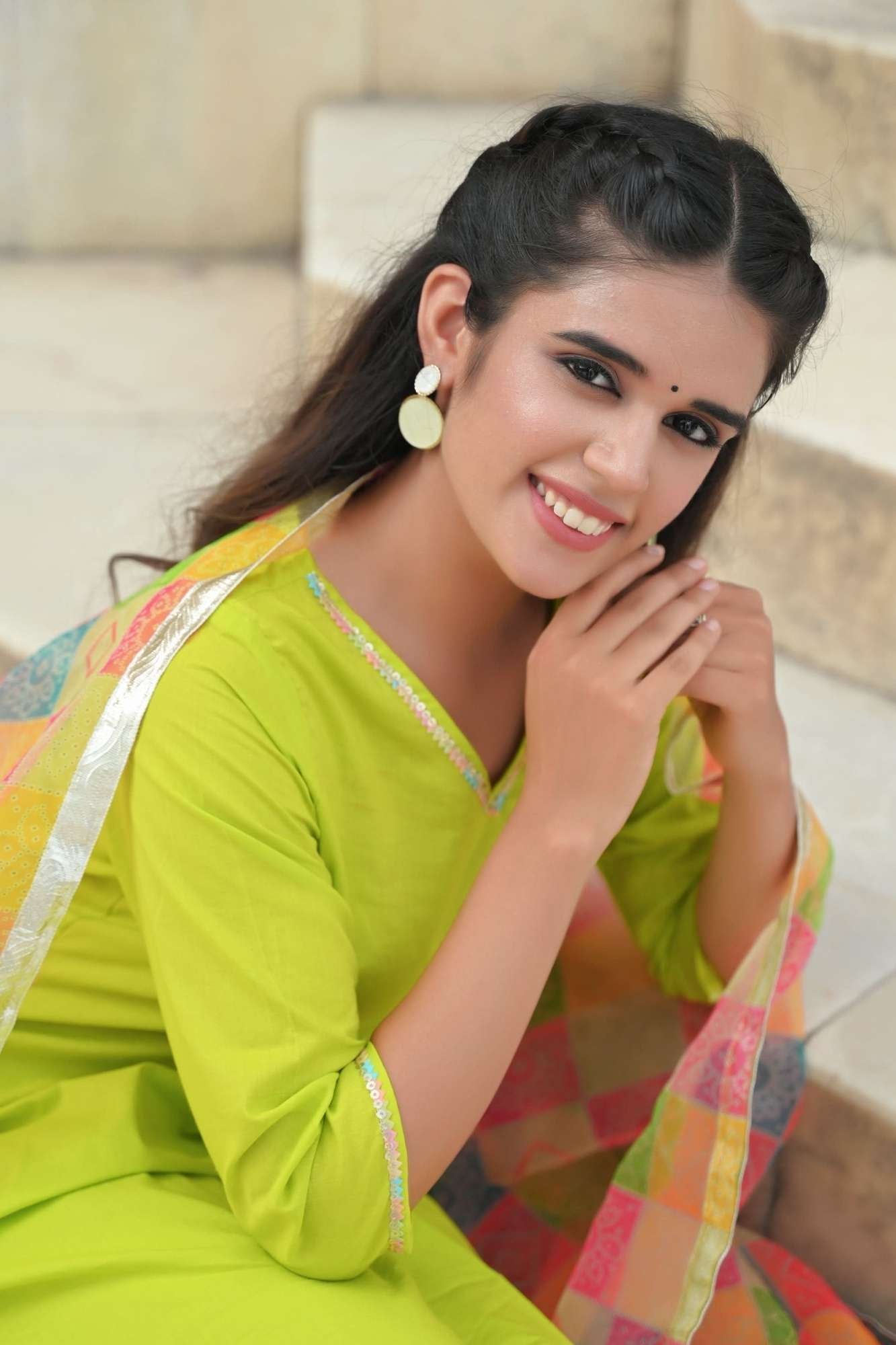 French Lime Kurta with Bandhani Print multicolor Dupatta