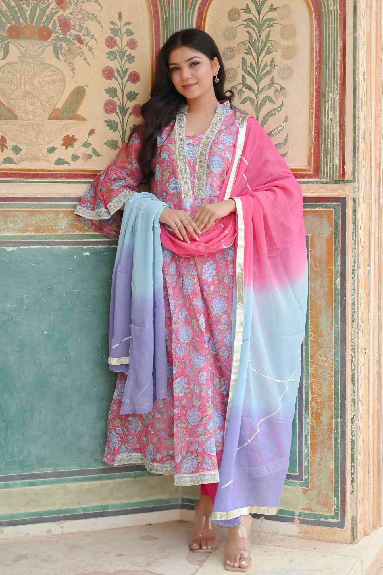Aarna Chanderi Cotton Pink Kali 3 Piece Suit, Made to Order