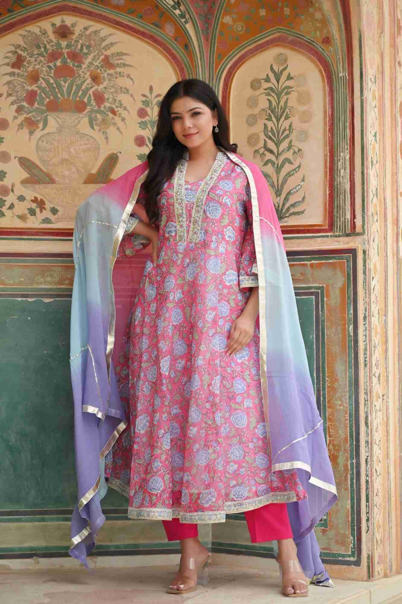 Aarna Chanderi Cotton Pink Kali 3 Piece Suit, Made to Order