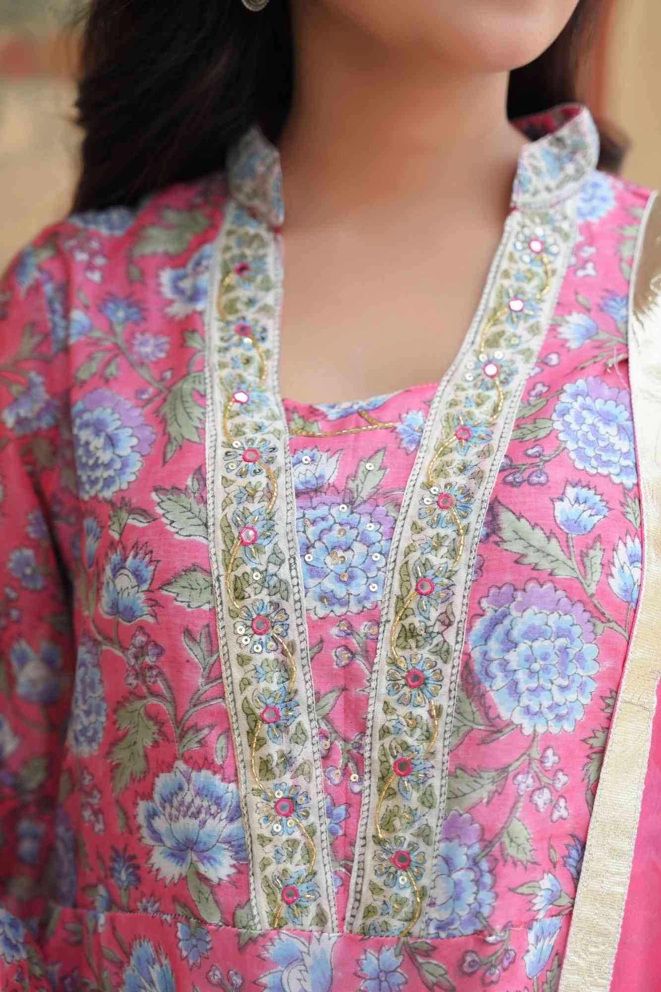 Aarna Chanderi Cotton Pink Kali 3 Piece Suit, Made to Order