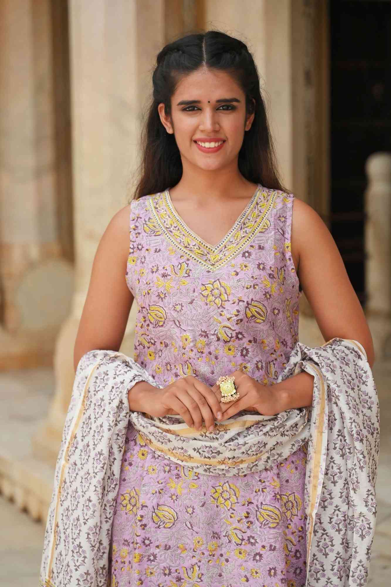 Asawari 3 piece Suit Set in Chanderi Cotton, Made to order, Sleeve option available