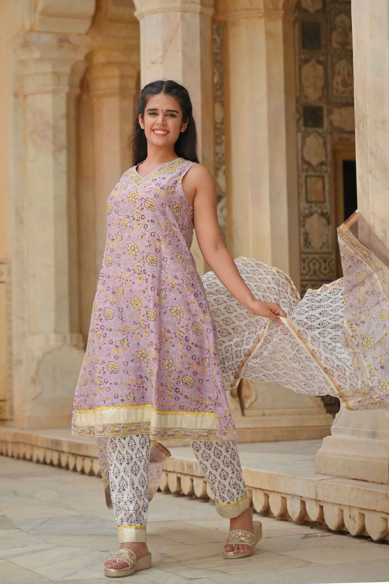 Asawari 3 piece Suit Set in Chanderi Cotton, Made to order, Sleeve option available