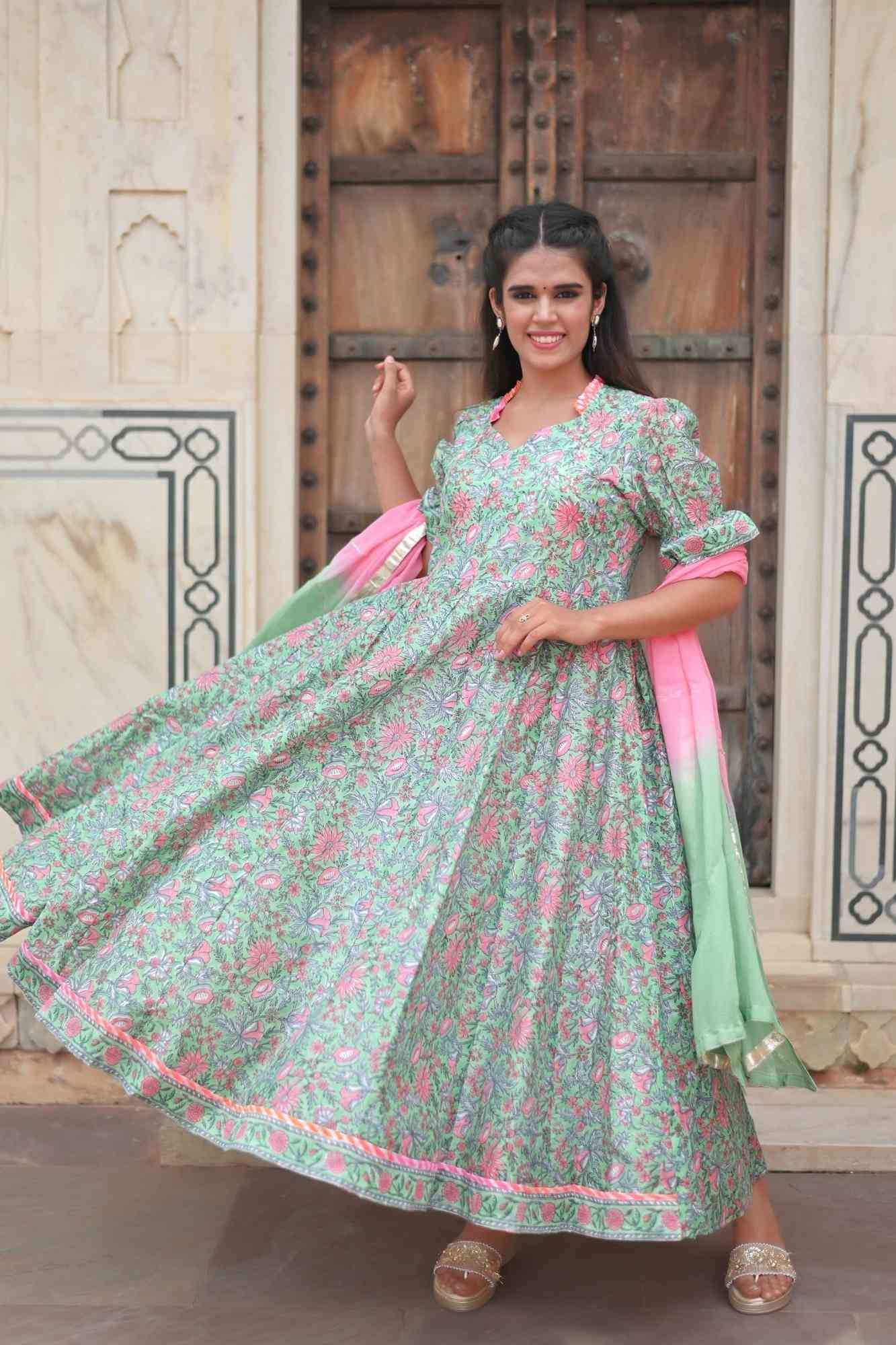 Sadabahar Chanderi Cotton Anarkali 3 Piece Suit Set in Mint Green