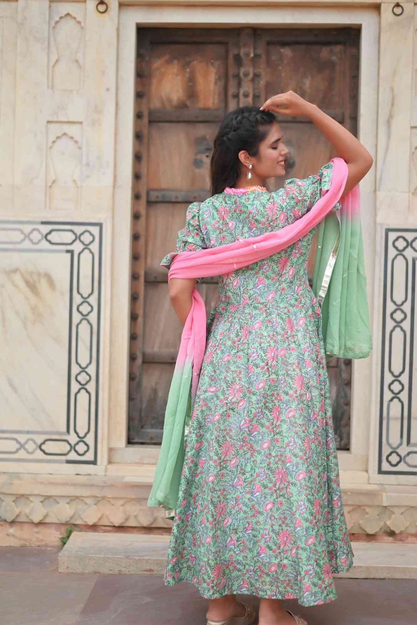 Sadabahar Chanderi Cotton Anarkali 3 Piece Suit Set in Mint Green