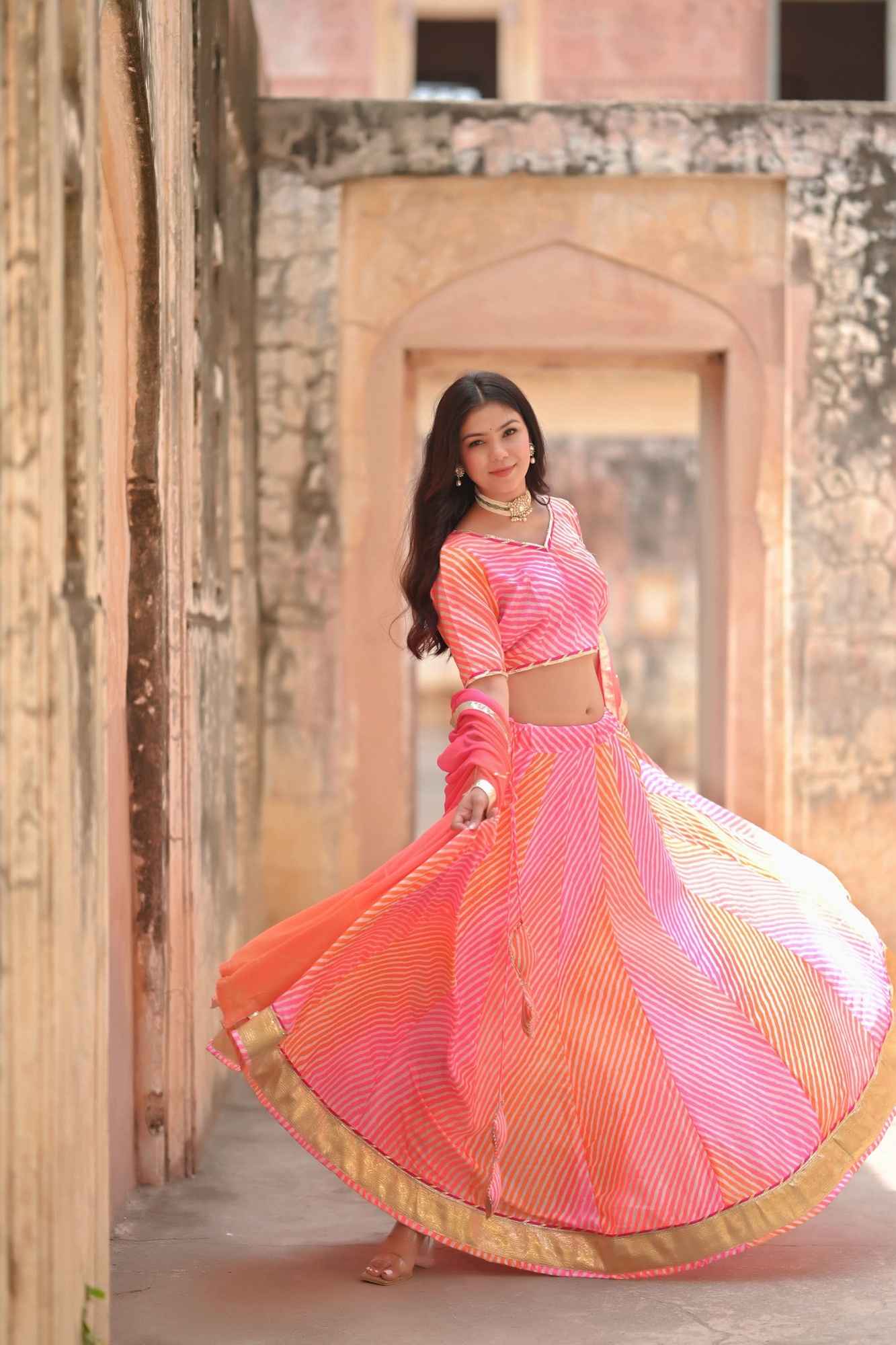Leheriya Love Salmon Pink and Peach Lehenga Set