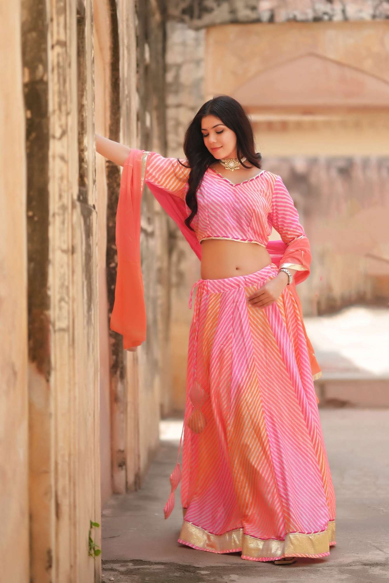 Leheriya Love Salmon Pink and Peach Lehenga Set