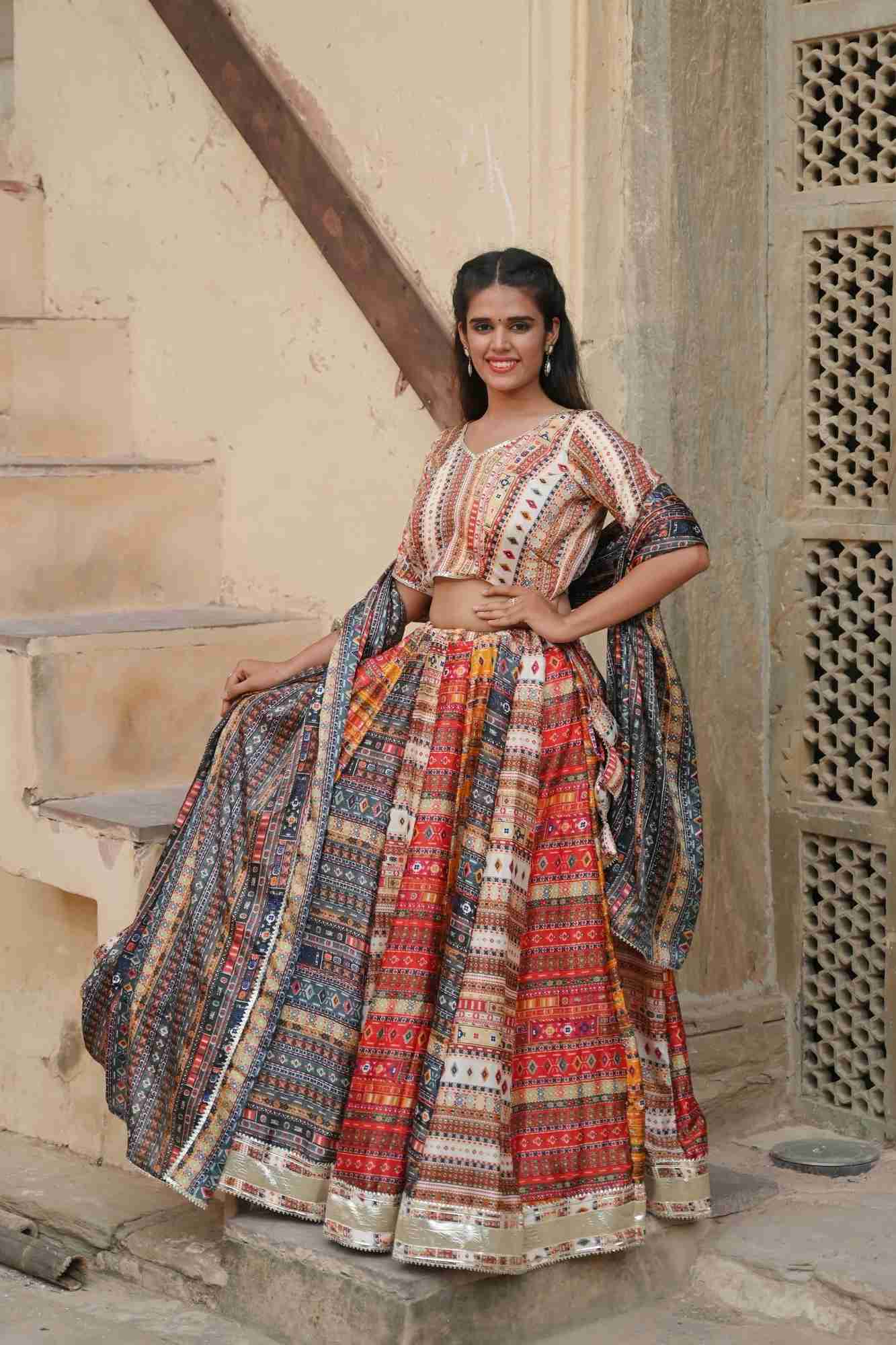 Raas Kalidar Lehenga Set in bold hues and Gotta patti embellishments, Made to Order
