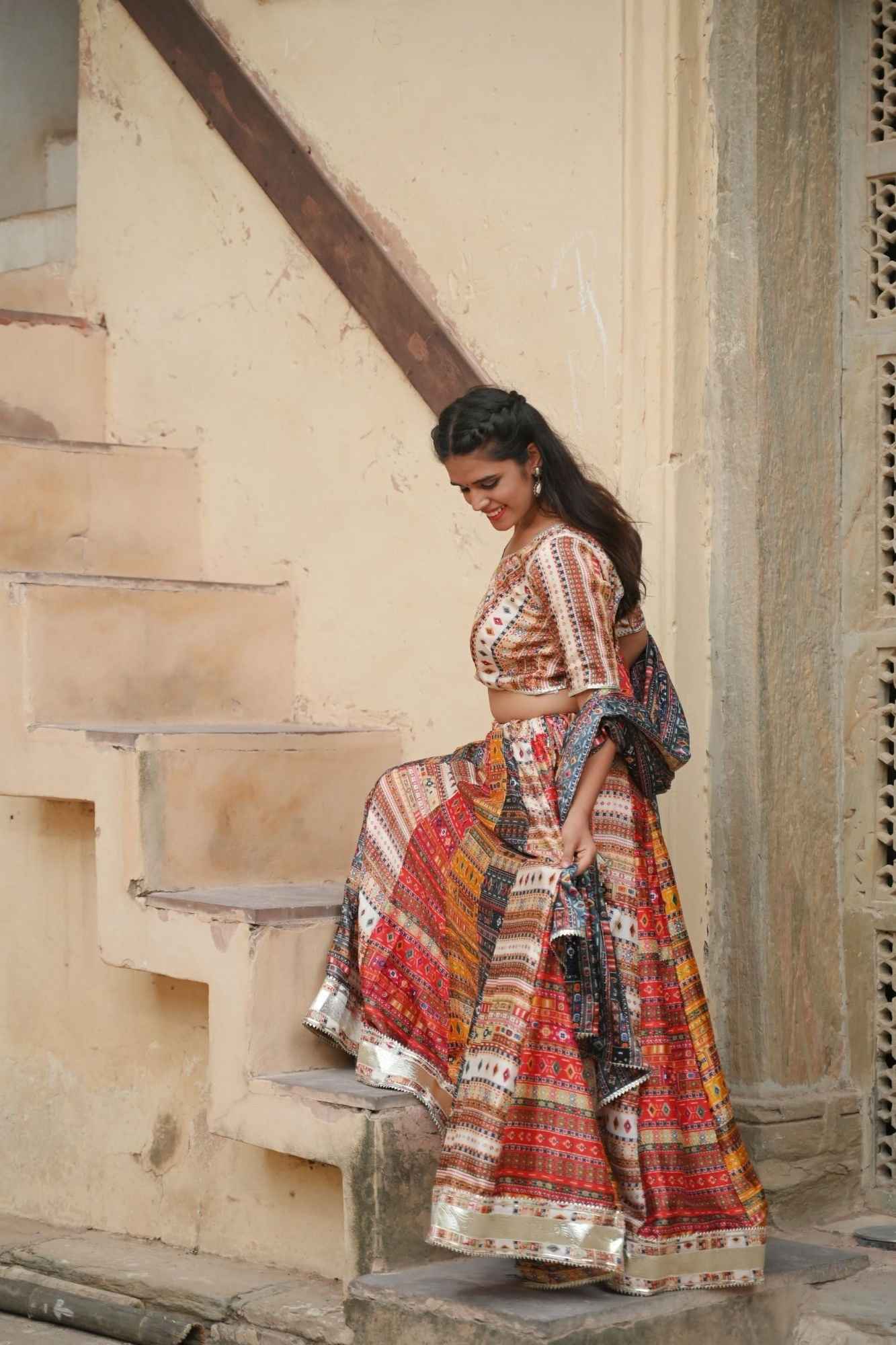 Raas Kalidar Lehenga Set in bold hues and Gotta patti embellishments, Made to Order