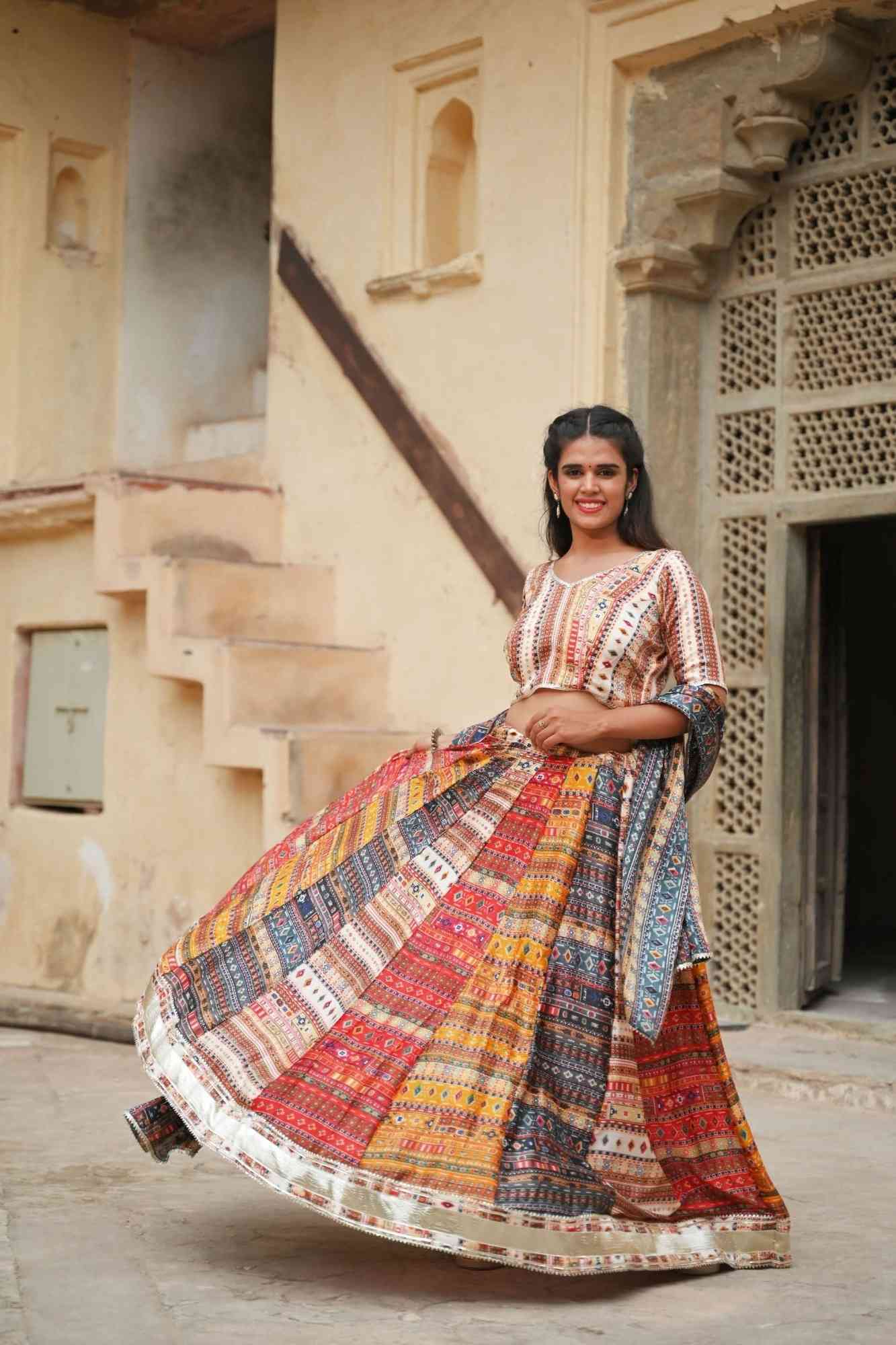 Raas Kalidar Lehenga Set in bold hues and Gotta patti embellishments, Made to Order